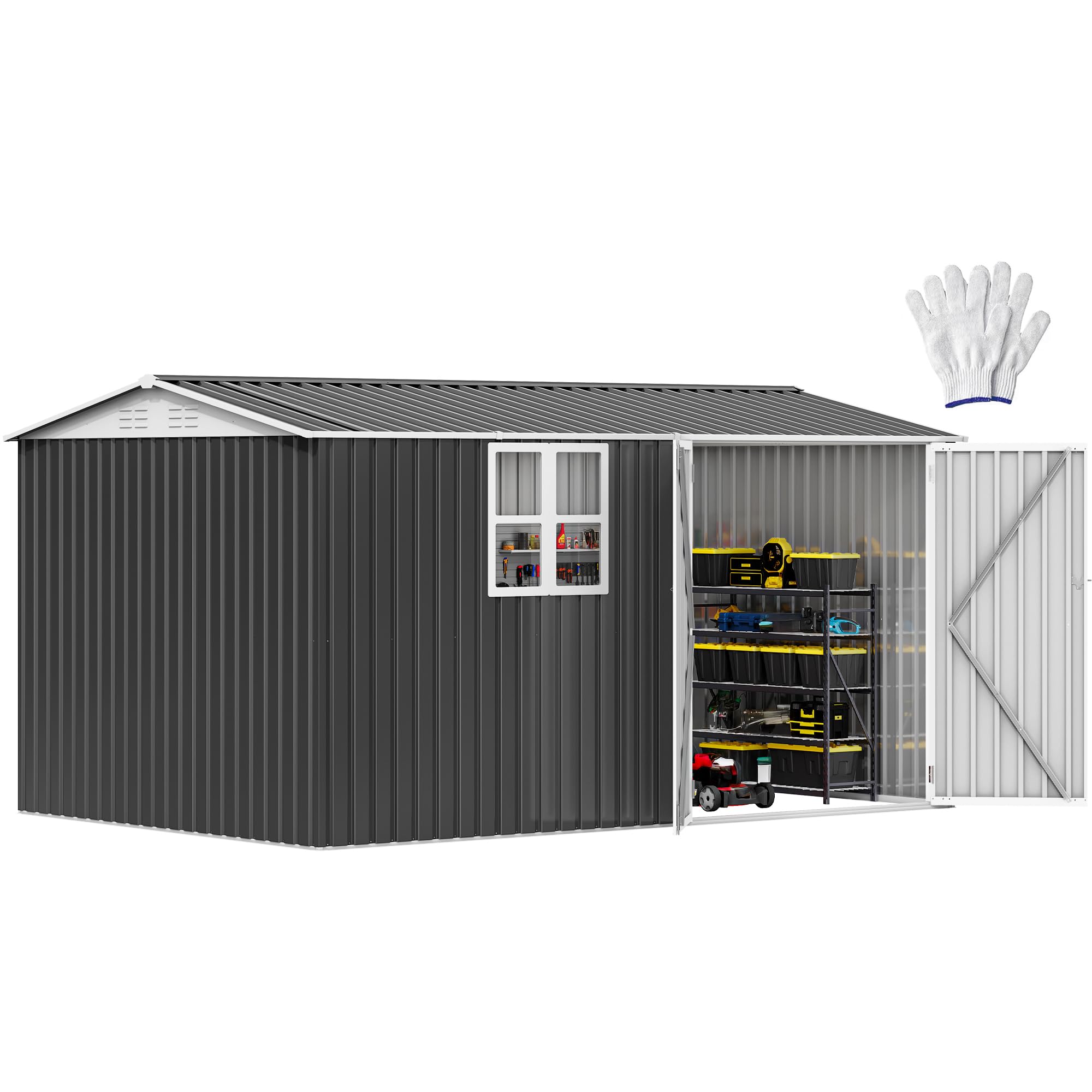 Photo 1 of DWVO 12x8ft Metal Outdoor Storage Shed with Window, Lockable Tool Storage Sheds, Oversized Steel Garden Sheds with Sloped Roof for Backyard, Patio, Garage, Lawn, Gray & White