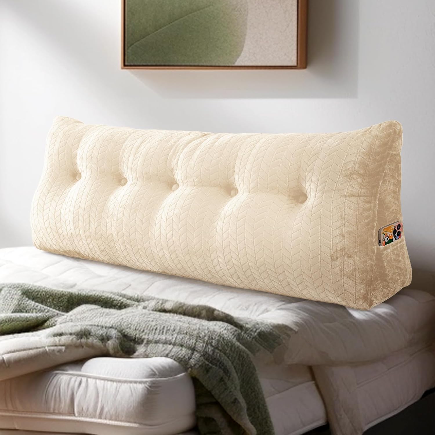 Triangular Wedge Headboard Pillow Large Bolster Bed Rest Reading Pillow Backrest Positioning Support Bolster Cushion with Removable Cover Beige Full