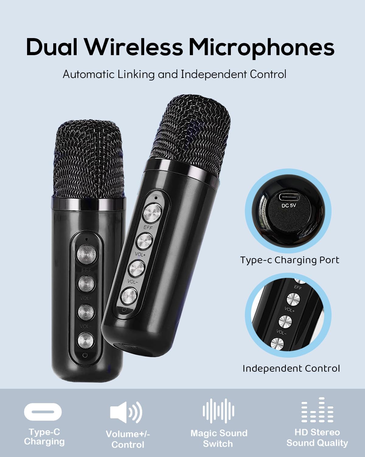 Karaoke 2 Microfonos Inalambricos, Karaoke Profesional Portatil | Altavoz Karaoke Infantil & Adultos, Inalámbricos Mini Karaoke Completo Bluetooth, Efectos de Cambio de Voz y Luces LED