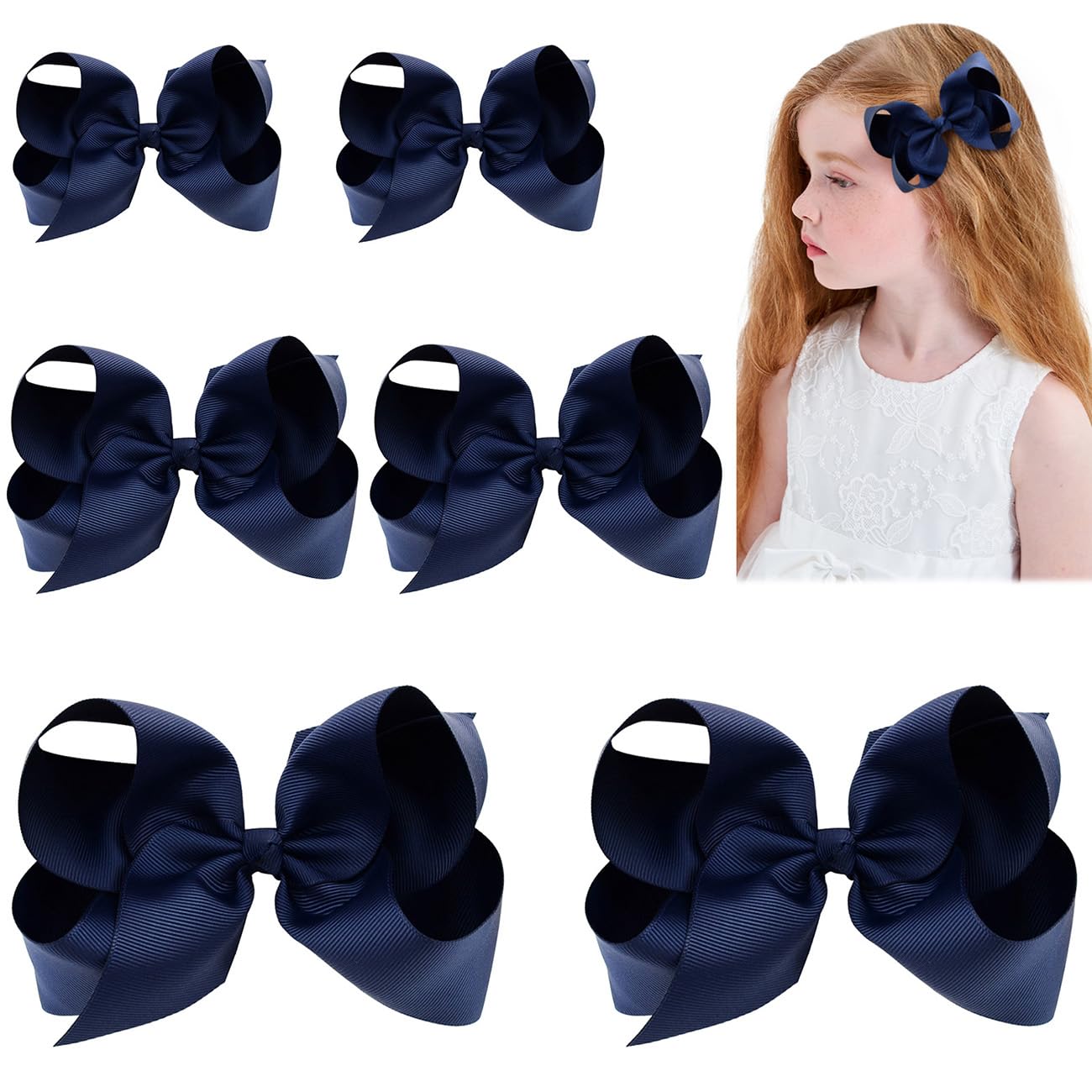 Hair Bows for Girls Alligator Clips Navy Blue Grosgrain Ribbon Solid Color Hair Accessories for Little Teen Toddler Girls Kids (6inch ×2, 4inch ×2, 3inch ×2)