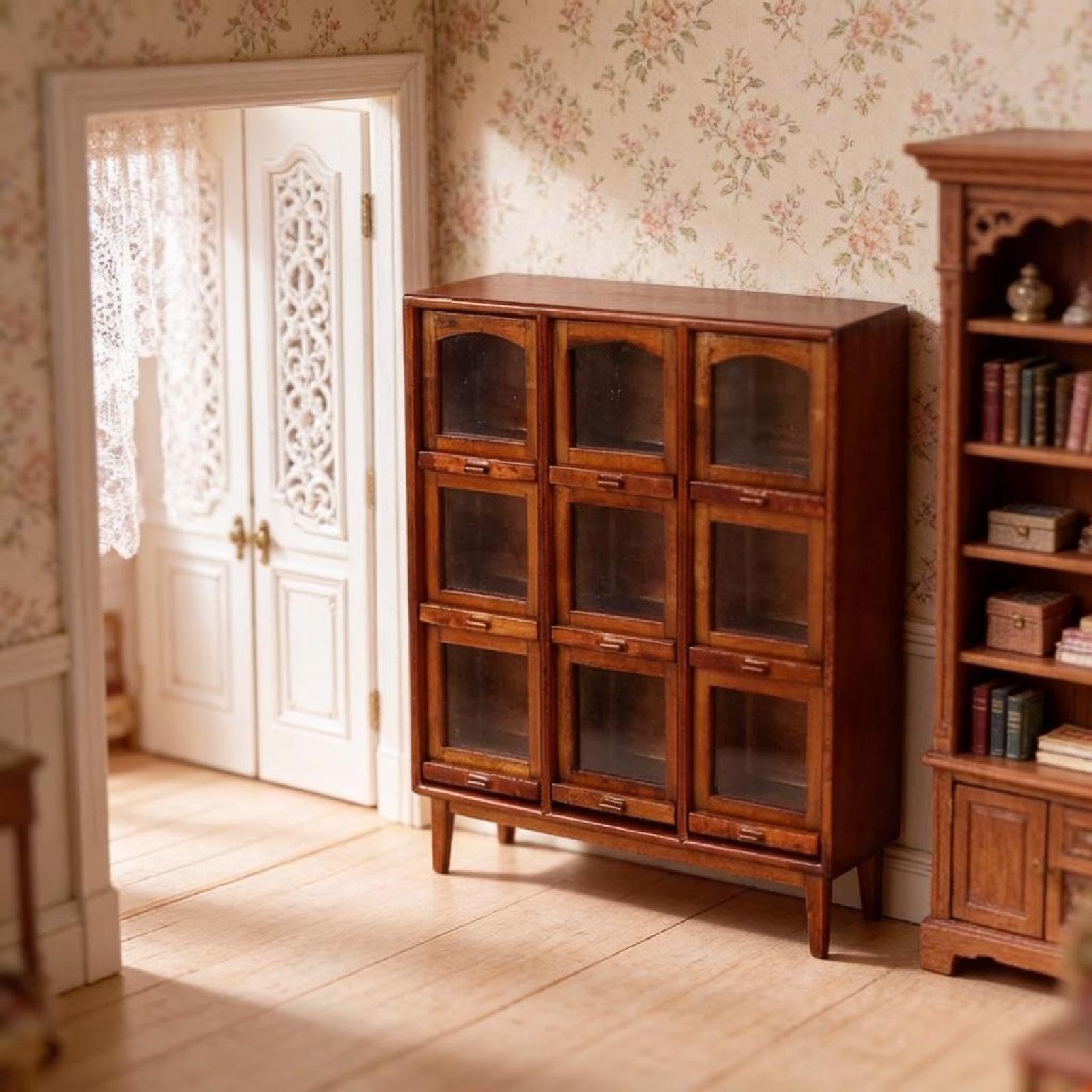Estante para Casa de Muñecas Que Incluye Vitrina en Miniatura, Organizador de Accesorios de Madera para Casa de Muñecas, Decoración Hecha a Mano, Madera Oscura