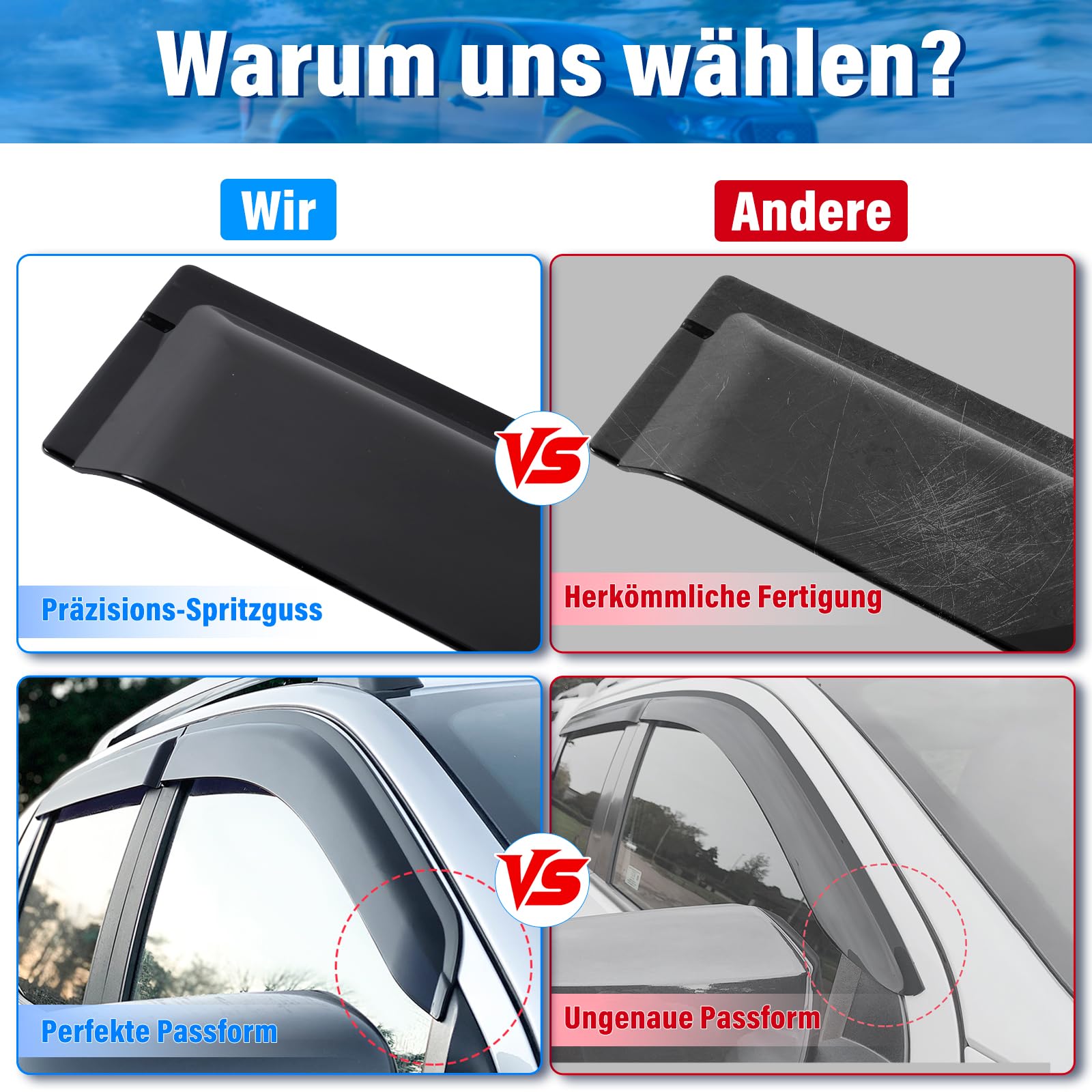 Déflecteurs de Vent Déflecteurs de Pluie Noirs pour Ford Ranger 2012-2022 T6 T7 T8 Double Cabine XL XLT Tremor Limited Wildtrak Wildtrak X Platinum et Ranger Raptor