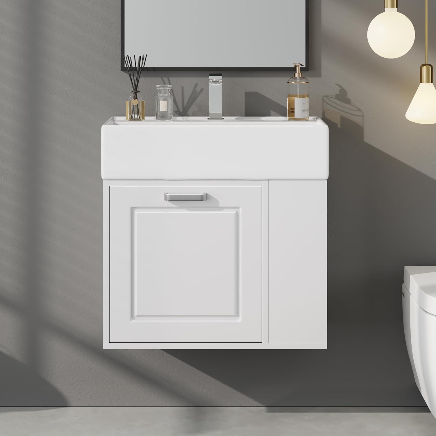 Mirightone 22 Inch Floating Vanity with Sink, Wall Mounted Bathroom Vanities with Sink, Small Bathroom Vanity with One Big Drawer, Adjustable Shelf, Toilet Paper Holder, Soft-Close System (White)