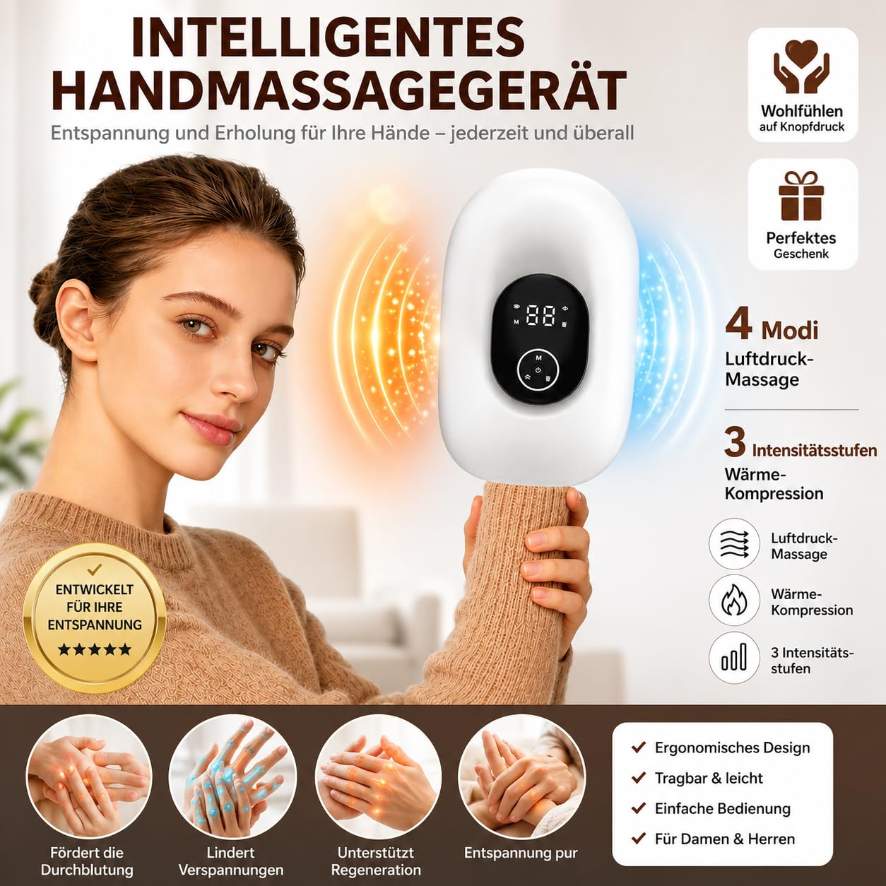 MoCho® Handmassagegerät mit Wärmefunktion – Elektrisches Massagegerät für Hände mit Luftdruck-Kompression, Airbag-Zonenmassage, 4 Modi, 5 Intensitätsstufen, 3 Heizstufen, kabellos & tragbar