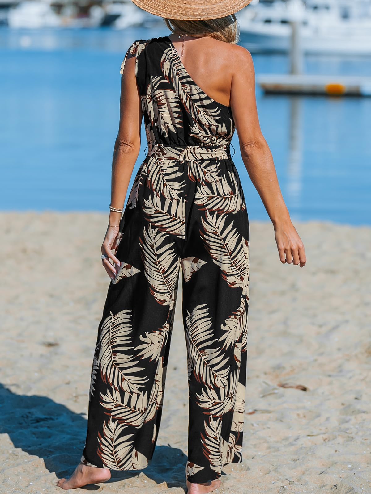 CUPSHE Combinaison pour femme - Épaules uniques - Sans manches - Cordon de serrage - Tropical - Jambe large - Combishort avec ceinture - Combinaison d'été ample