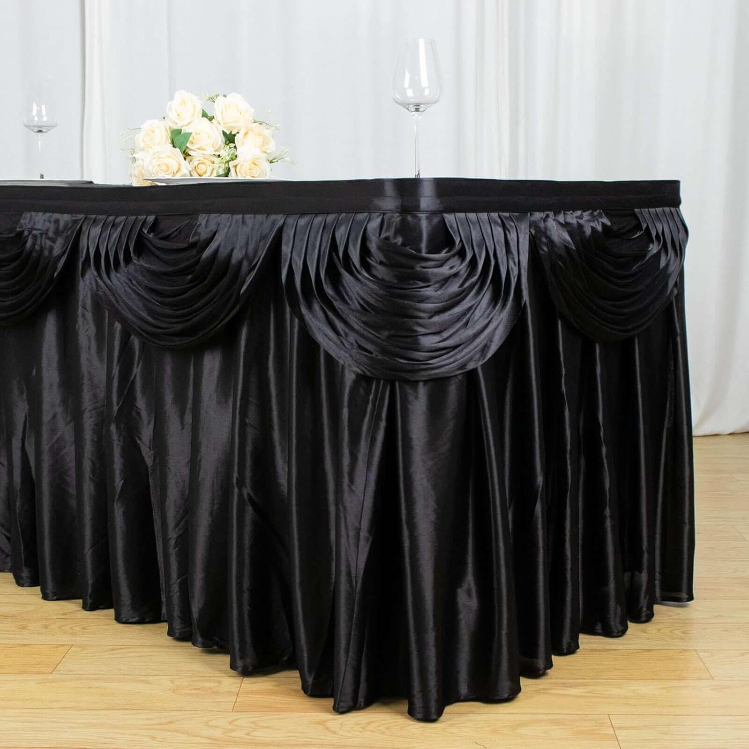 Efavormart Black Satin Double Drape Table Skirt for Kitchen Dining Catering Wedding Birthday Party Decorations Events 21ft