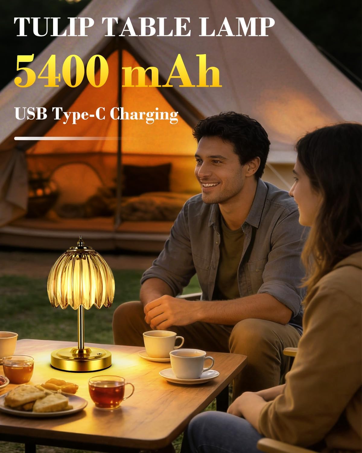 WERFOP Rechargeable Tulip Table Lamp, 5400mAh Cordless & Touch Control Bedside Lamp with 3 Adjustable Color Temperatures & Dimmable Brightness Desk Light for Bedroom, Living Room, Office (Amber)