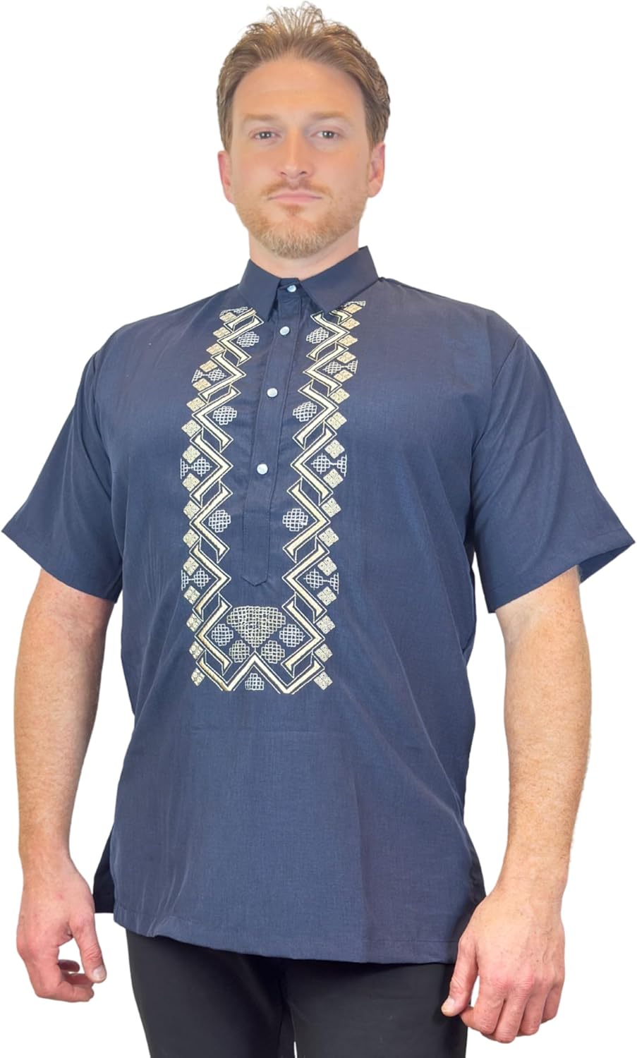 Navy Short Sleeve Cotton Polo Barong Tagalog for Men – Formal & Casual Dress Shirt, US Sizes