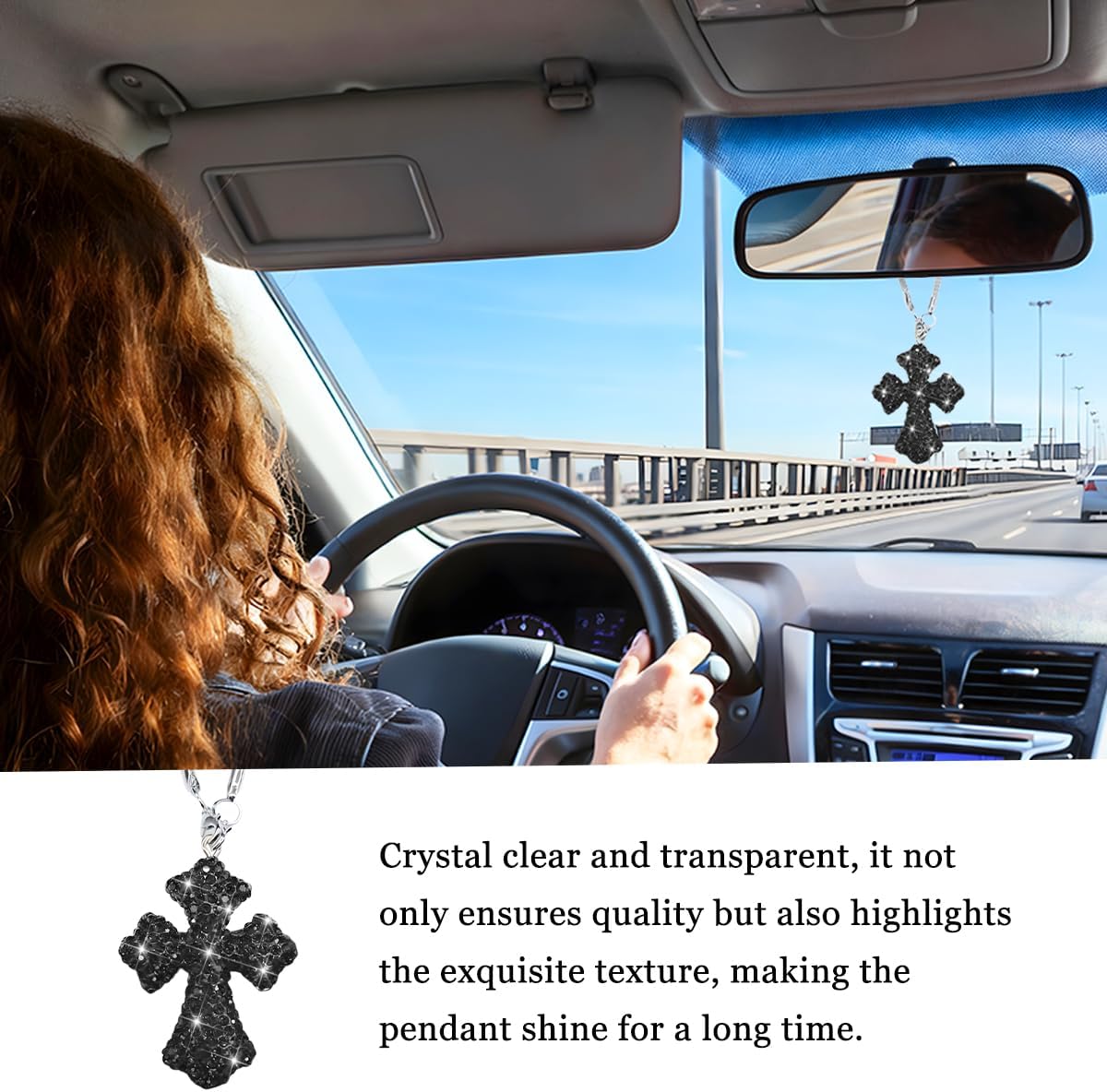 Zpana Bling Cross Car Hanging Ornament, Sparkling Crystal Rhinestone Christian Rearview Mirror Pendant, Diamond Religions Auto Interior Mirror Decoration Charm, Universal Fit (B/Black) image 5