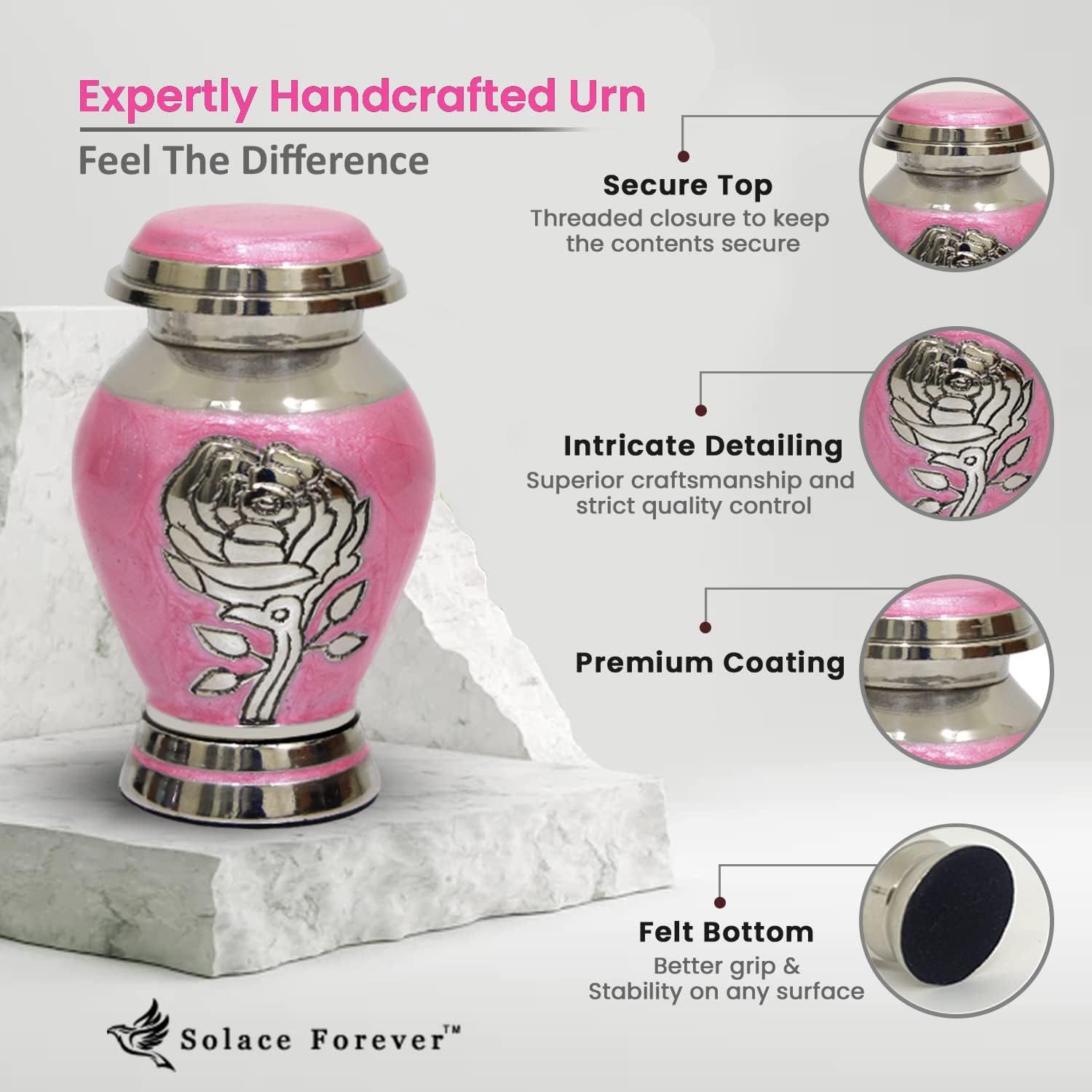 Pink Rose Cremation Urn - Keepsake Urn for Human Ashes - Handcrafted Pink Urn for Ashes with Premium Box & Bags - Honor Your Loved One with Mini Rose Urn for Ashes - Small Urn for Female & Male