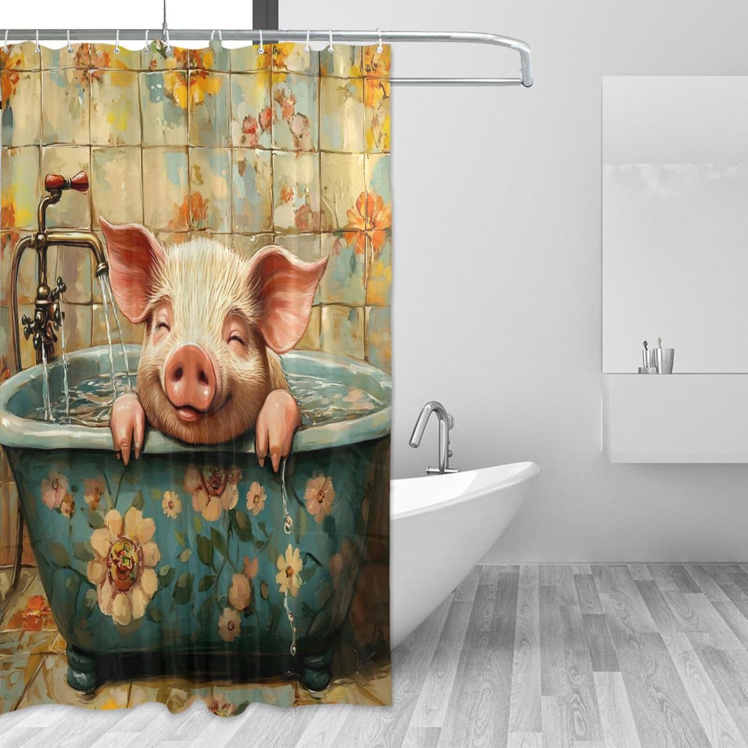 72x72 Inch Water Resistant Bath Shower Curtain with Washable Cloth Shower Curtain Liner for Bathroom Needs Sweet Pet Pig Retro Bathtub