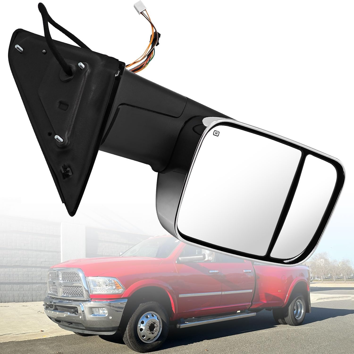 Right Passenger Side Tow Mirror Chrome Fits for 2013-2018 Ram 1500 2500 3500 Support Power Folding Glass Adjustment Power Heated with Turn Signal Light with Temperature Sensor