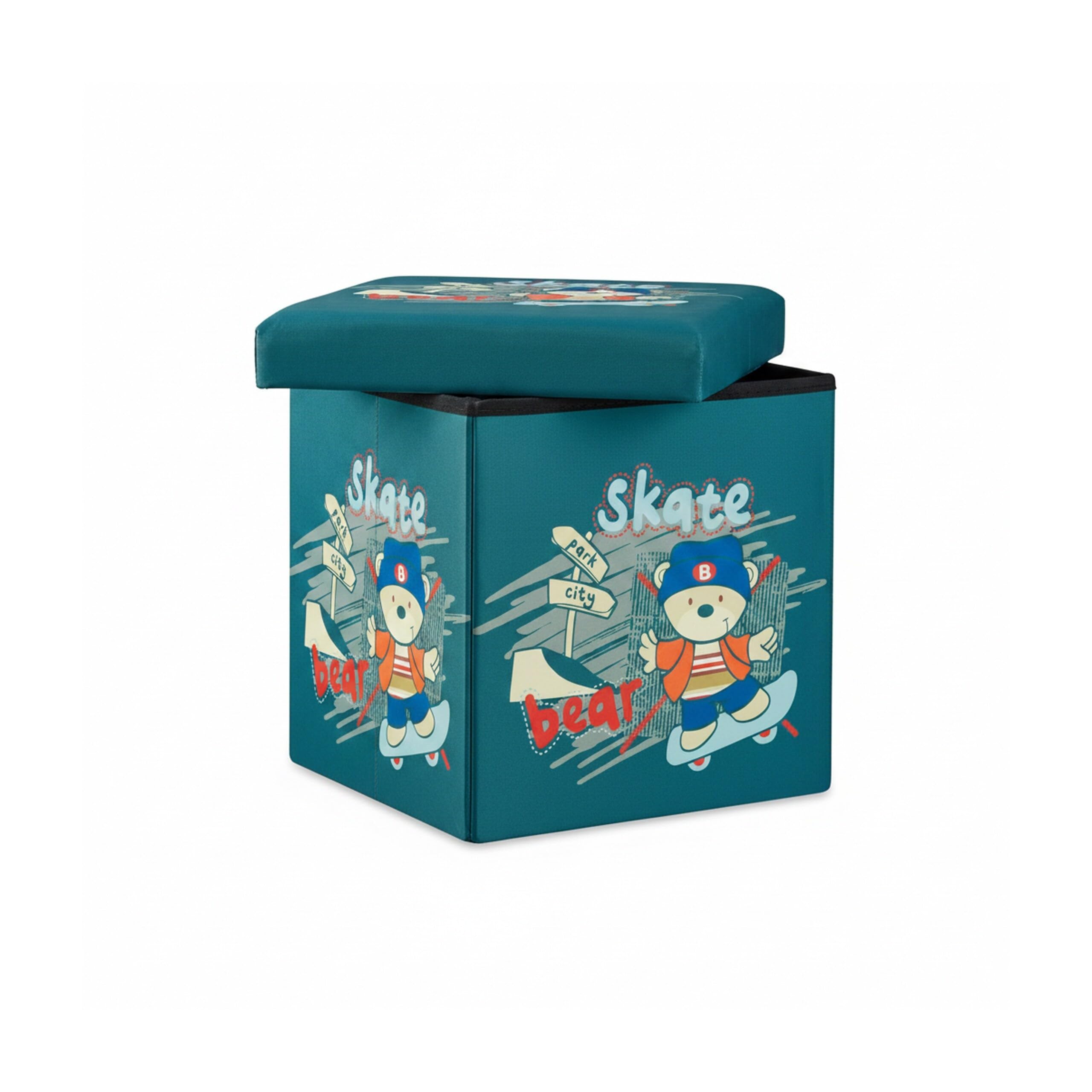 Relaxdays Sgabello pieghevole bambini, cesta porta-giochi, pouf contenitore, scatola con coperchio, HxLxP 38x38x38 cm, orso