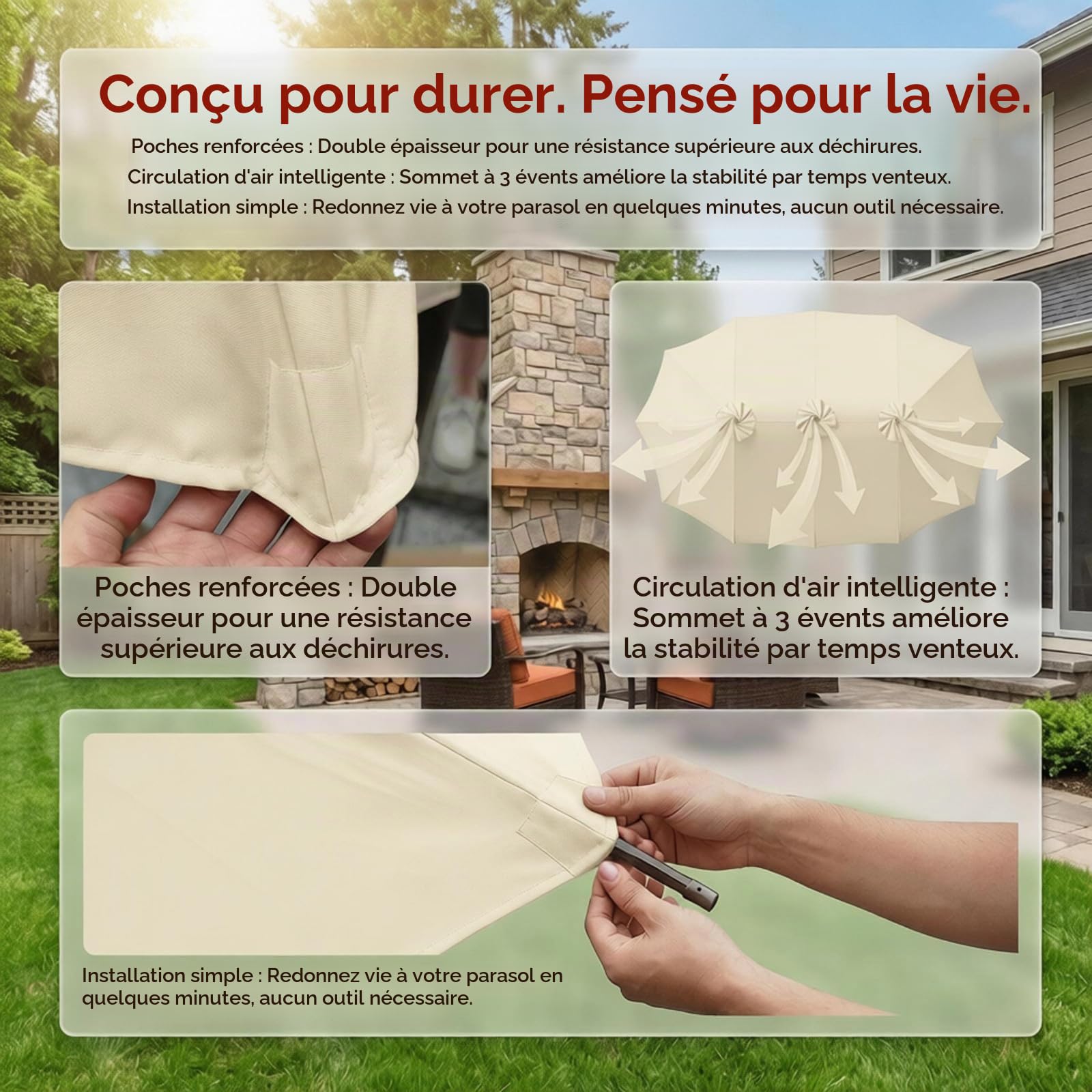 Grand Parasol De Jardin Exterieur,Parasol Rectangulaire,Grand Parasol,Parasol Double Pente Parasol Déporté Inclinable Pour,Piscine,Terrasse, Balcon Parasol(Seulement Le Tissu Parapluie)