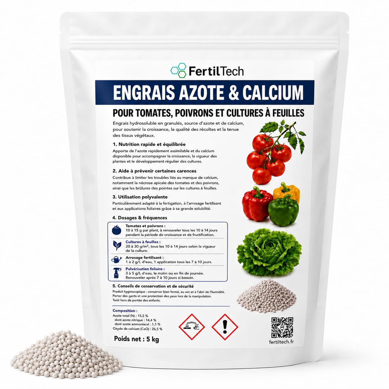 Concime Azoto & Calcio 5 kg Concime Idrosolubile in Granuli per Pomodori, Peperoni, Lattuga e Colture a Foglia, Irrigazione Fertilizzante, Fertirrigazione, Apporto Calcio