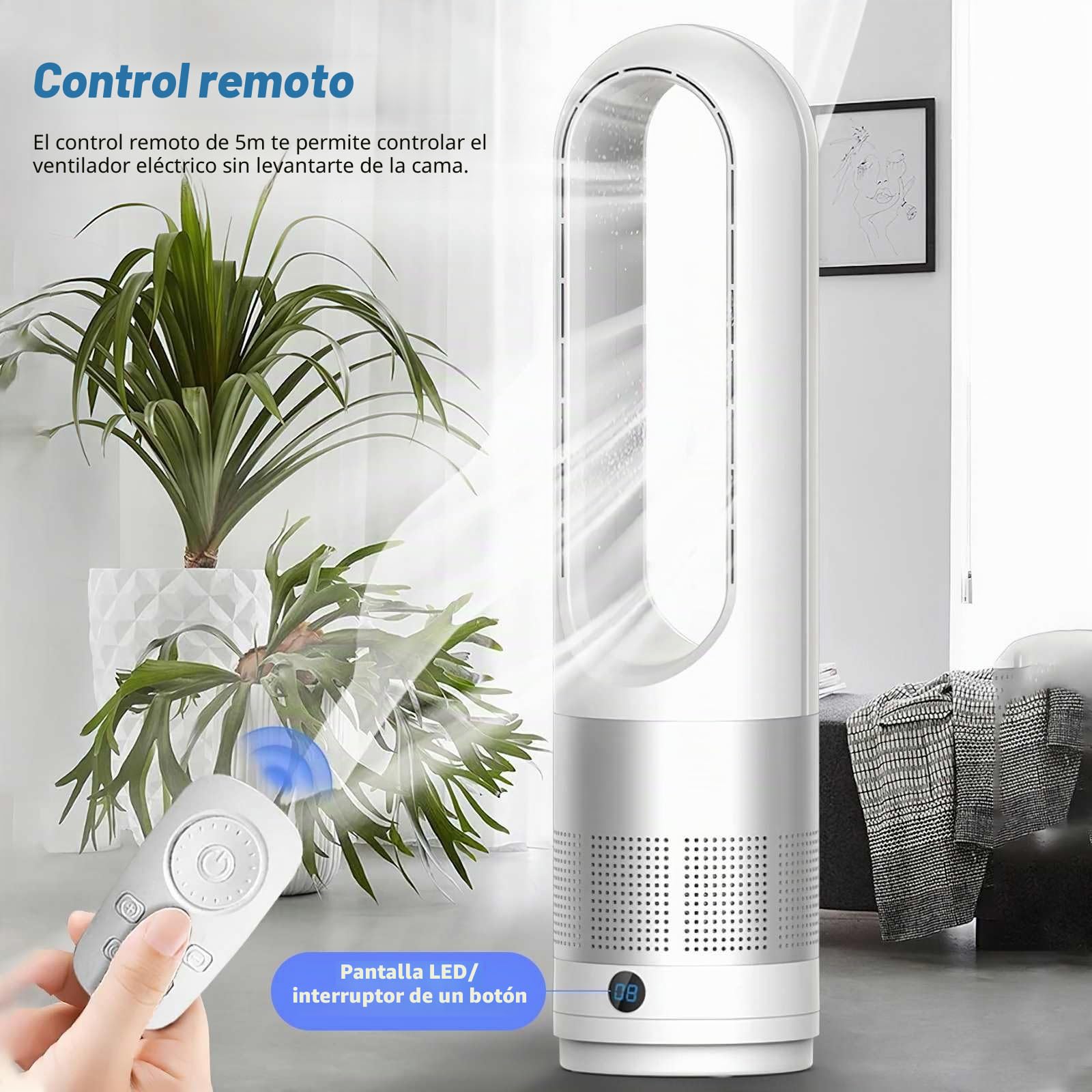 Ventilador de columna, 45,7 cm, ventilador sin aspas con mando a distancia, temporizador 8h, ventilador de columna silencioso sin aspas, ahorro de energía, para dormitorio, oficina (blanco)