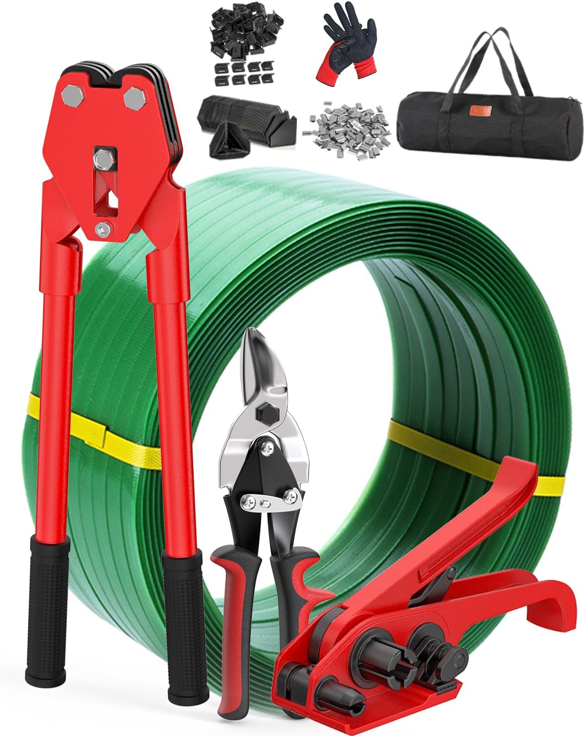 9-in-1 Banding Strapping Kit, Heavy Duty Pallet Packaging Tool Set with Tensioner, Sealer, Cutter, 5/8" x 800’ PET Strapping Roll, 100 Metal Seals, 200 Corner Protectors, Glove & Carry Bag