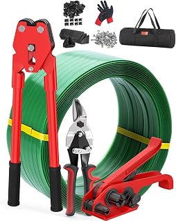9-in-1 Banding Strapping Kit, Heavy Duty Pallet Packaging Tool Set with Tensioner, Sealer, Cutter, 5/8" x 800’ PET Strapping Roll, 100 Metal Seals, 200 Corner Protectors, Glove & Carry Bag