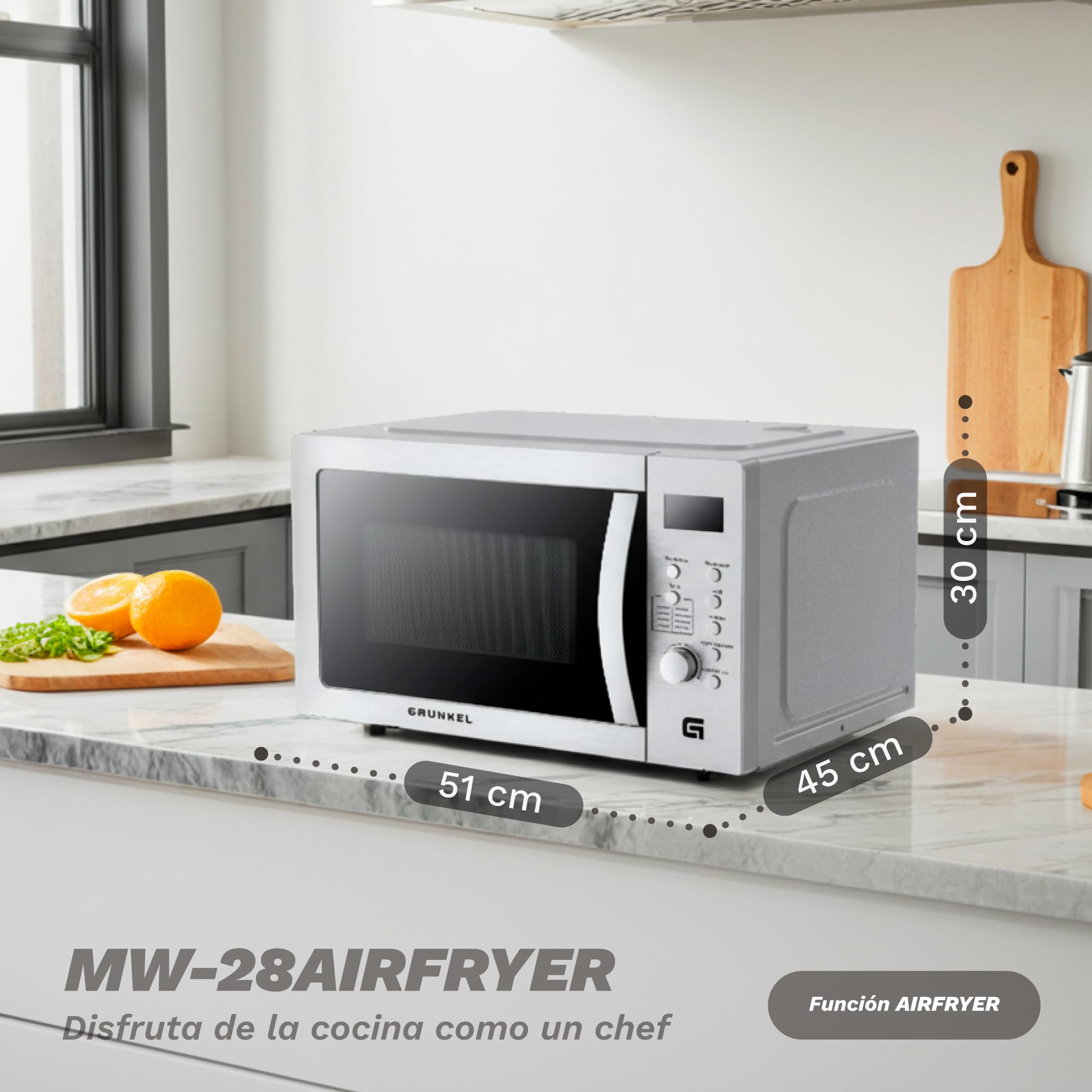 Microondas con grill y airfryer Grunkel MW-28AIRFRYER de 28 litros y 3 funciones, microondas 900W, grill 1200W, airfryer y horno 2200W con 5 niveles de potencia 8 programas y descongelado.