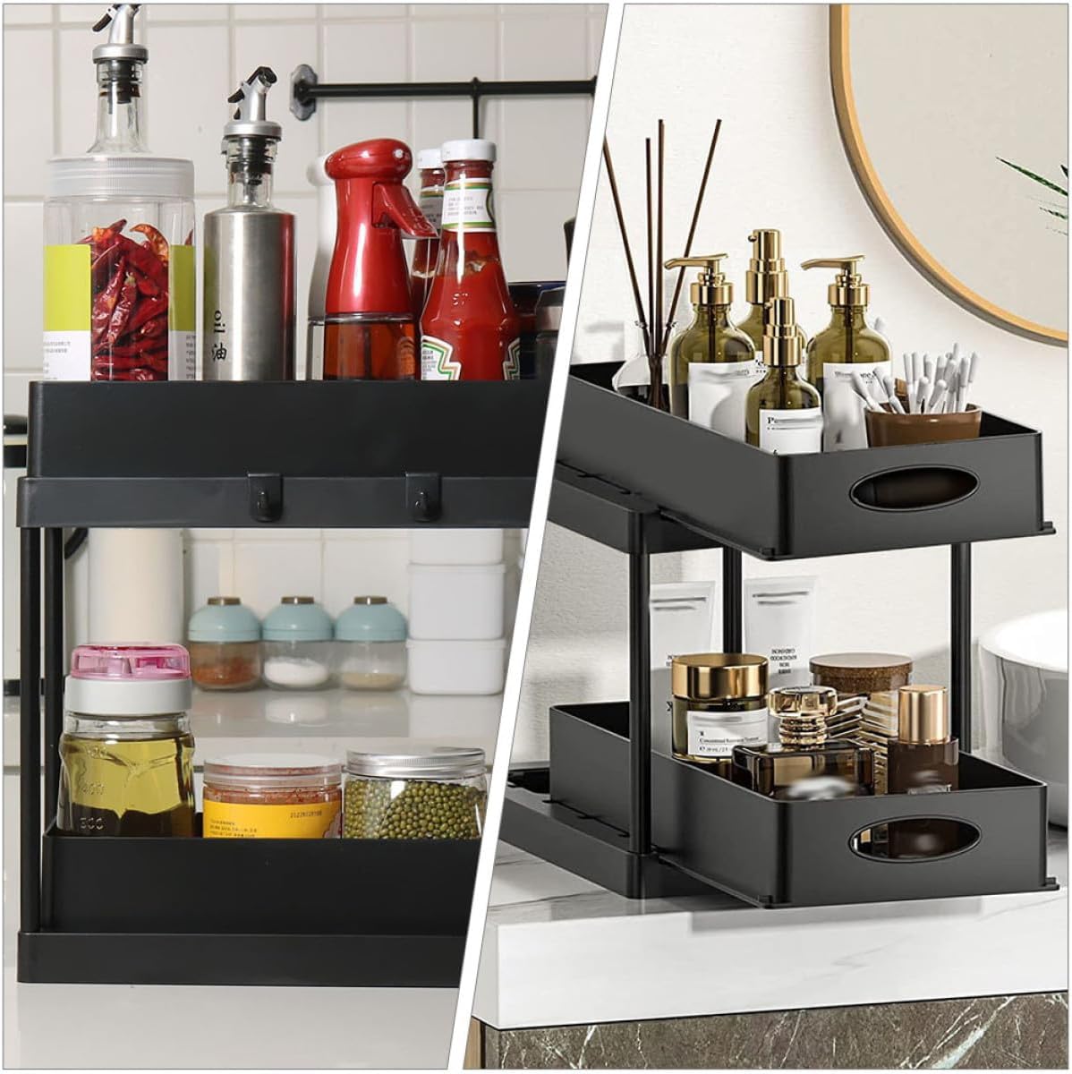 Sink Pull-out Organizer Rack Double Layer Sliding Kitchen Cabinet Storage Shelf Black Telescopic Sink Rack for Bathroom and Kitchen Countertop Storage