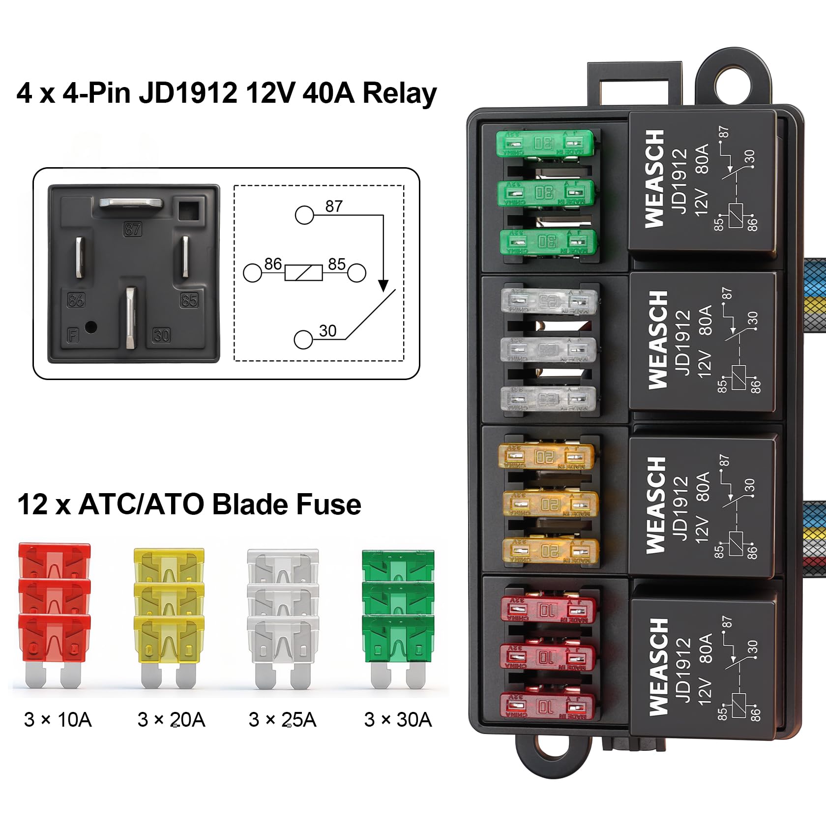 12V 80A 12-fach vorverdrahteter Sicherungs- und Relaiskasten, 4 Relais und 12 ATC/ATO-Flachsicherungen, für PKW, LKW, Boot und Jeep