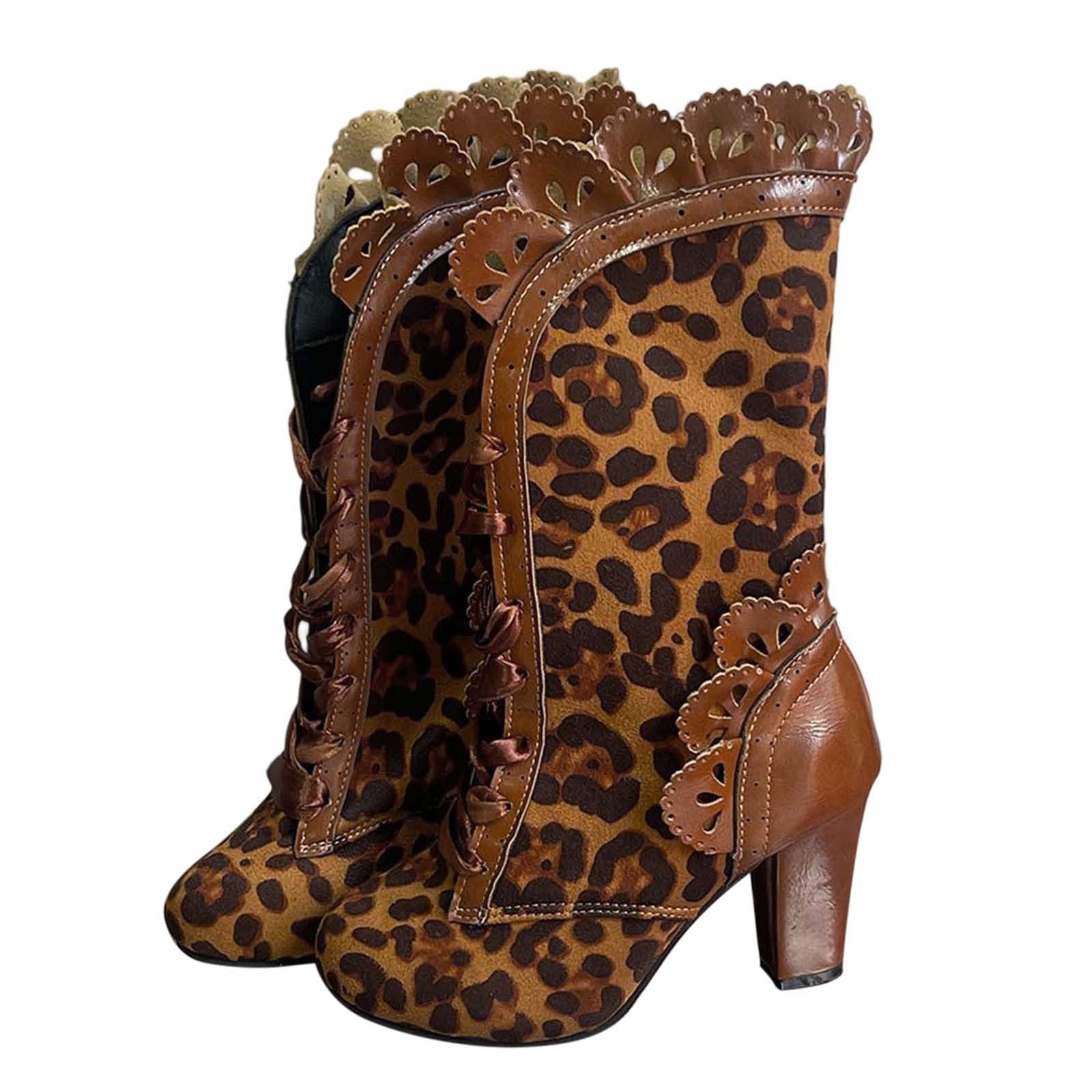 Botas de Vestir Rujer Botas de Media caña con Punta Redonda Ante y Estampado Leopardo para Mujer, con Cremallera, Encaje y tacón Grueso, para Salidas Informales a la Escuela