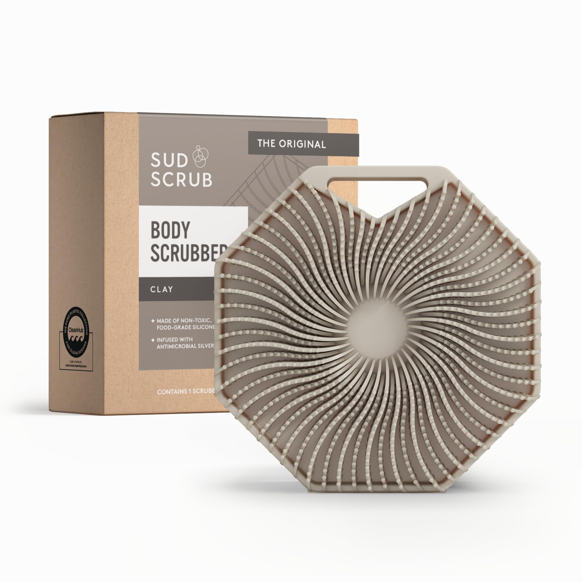 Sud Scrub® Antimicrobial Silicone Body Scrubber, Exfoliating Body Scrubber for Sensitive Skin, Eco Friendly Shower Scrubber for Body, Silicone Body Brush for Showering, Clay