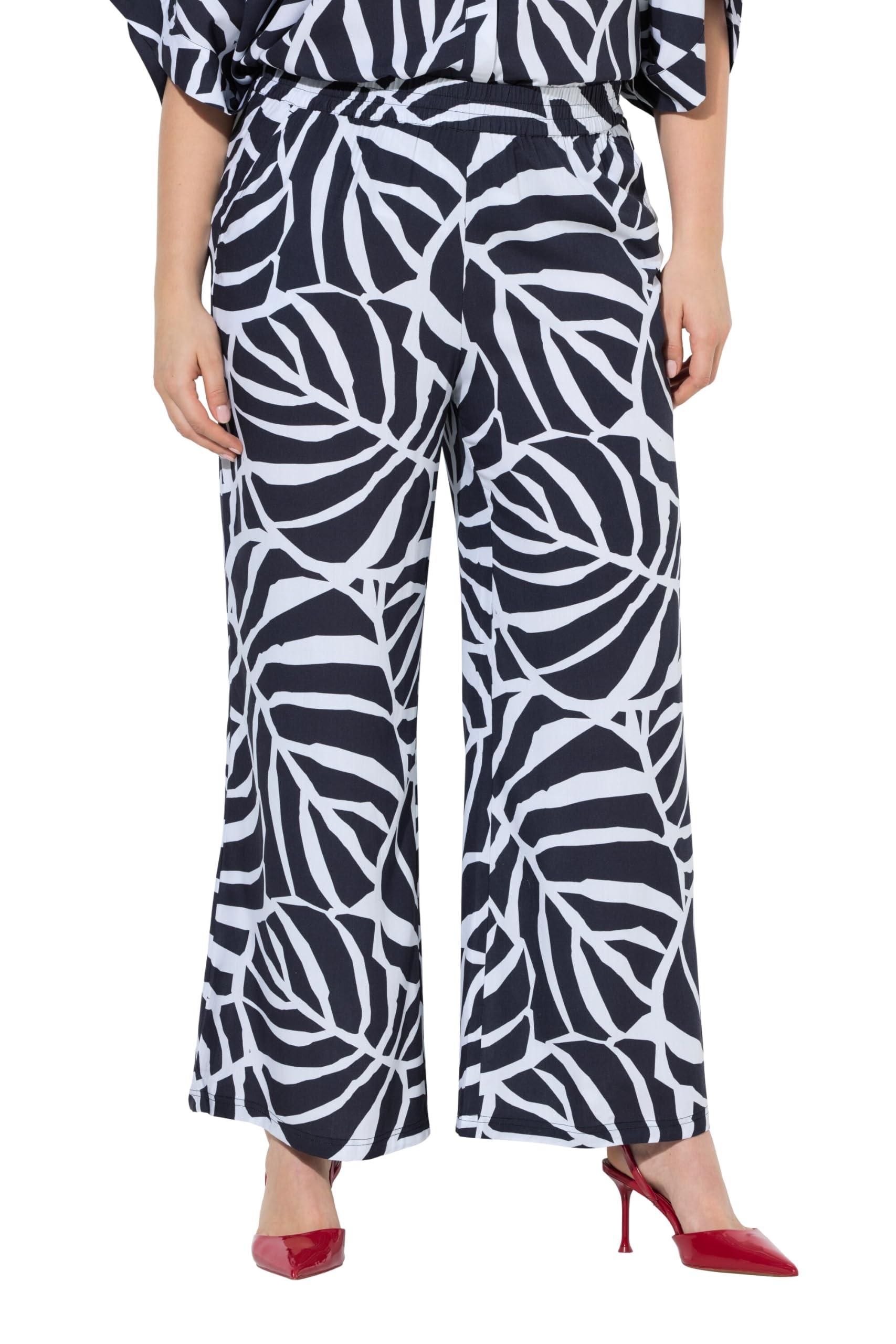 Ulla Popken Damen große Größen Übergrößen Plus Size Hose, Blätter, weites, gerades Bein, Elastikbund 848085