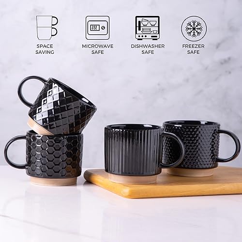 Miniatura 7 de GBHOME Tazas de café apilables de 6 onzas, tazas de café de cerámica con patrones de textura para hombre, mujer, papá, mamá, juego de 4 tazas de
