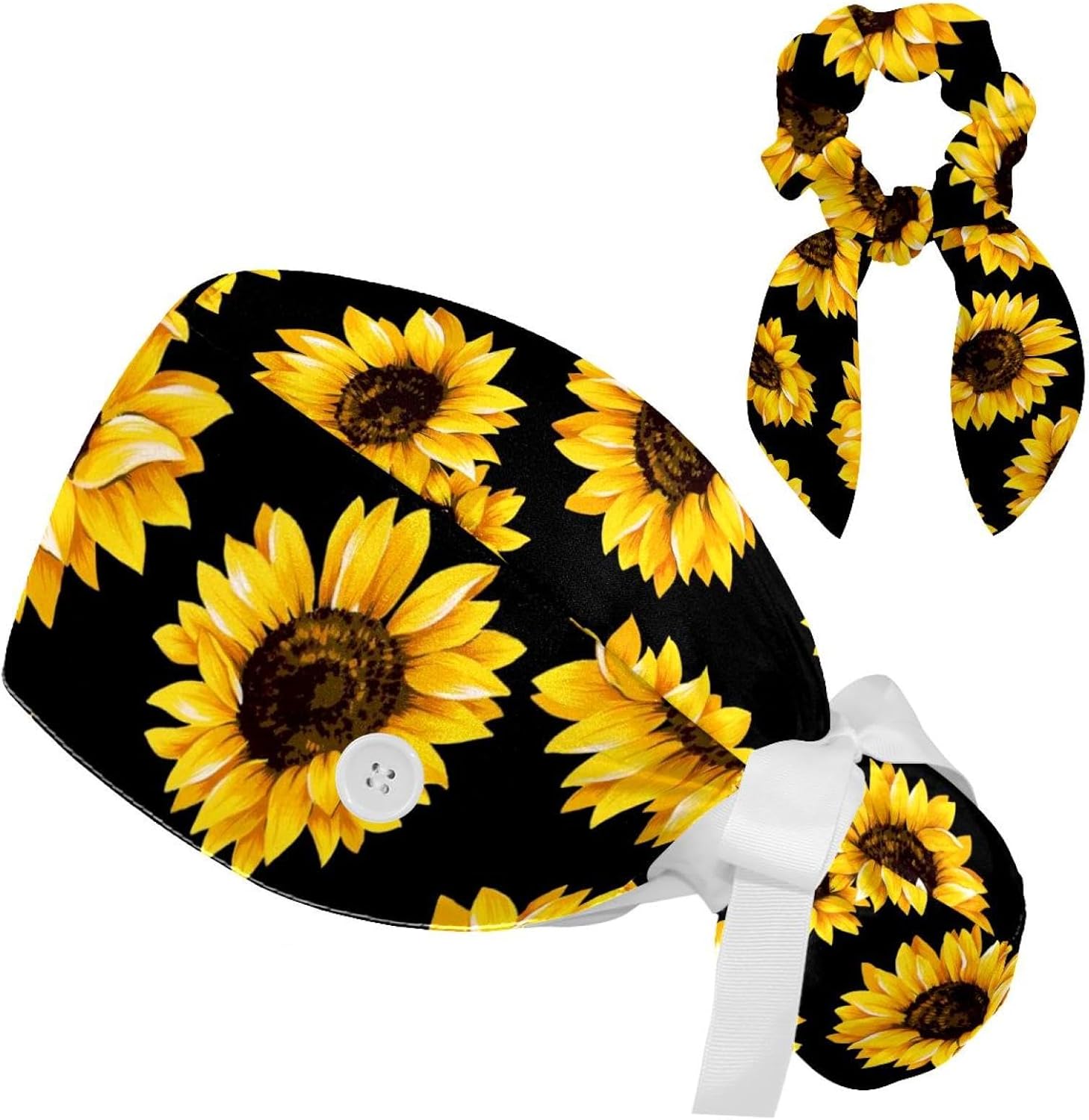 Adjustable Working Cap with Hair Ties Scrunchy with Ponytail Pocket Elastic Tie, Sunflower Black Pattern