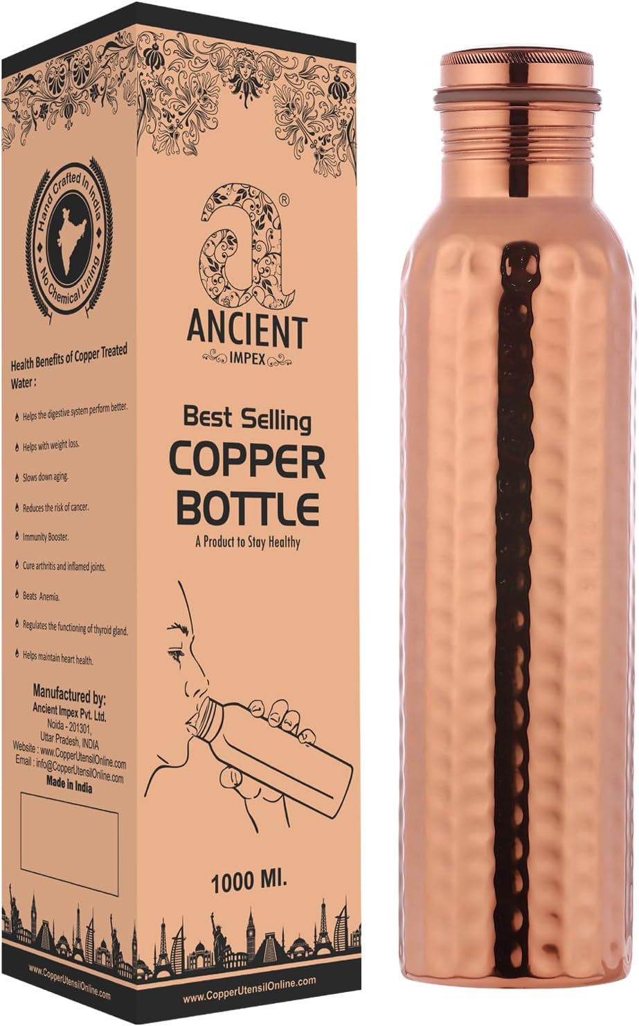 ANCIENTIMPEX Pure Copper Hammered Water Bottle 1000ml | Leak-Proof Seamless Copper Bottle for Ayurvedic Health Benefits, Detox & Daily Hydration | Eco-Friendly BPA-Free Drinking Bottle