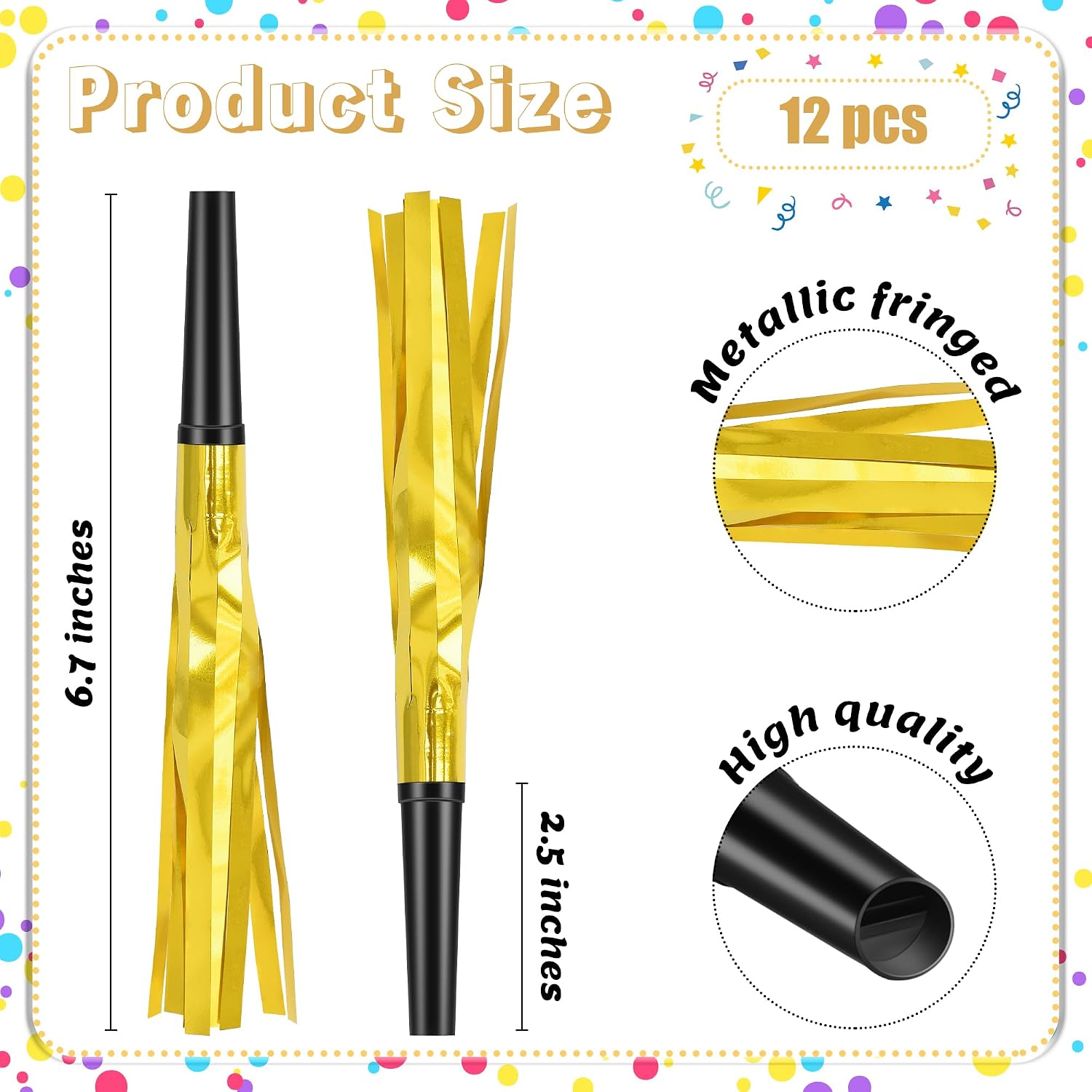 12 Pcs Gold Noise Makers Glitter Metallic Fringed image 2