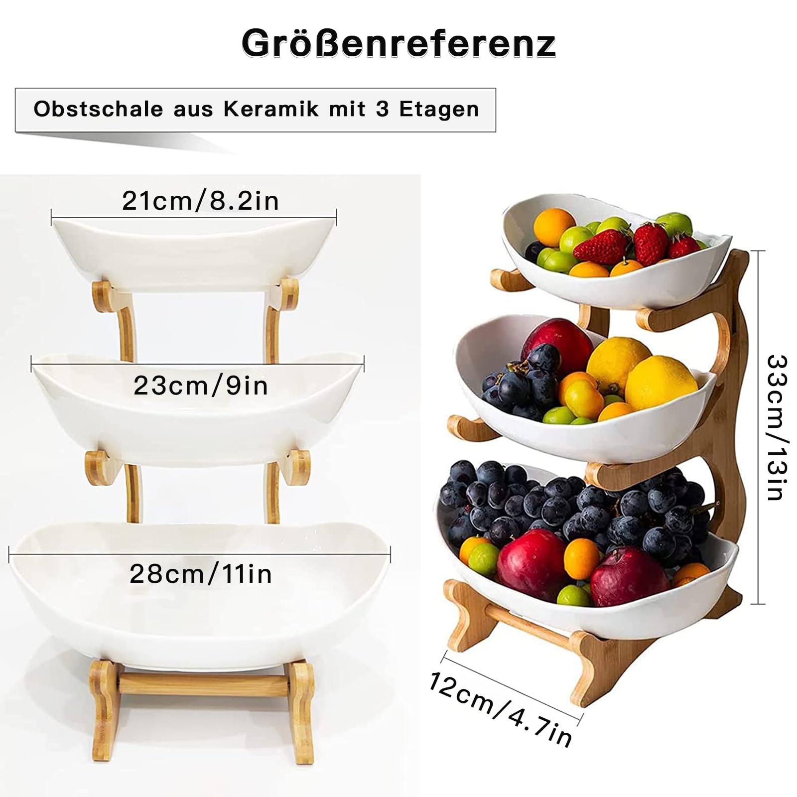 Présentoir à Fruits 3 Étages En Céramique Et Bois - Corbeille Fruits & Gâteaux Élégante Blanche