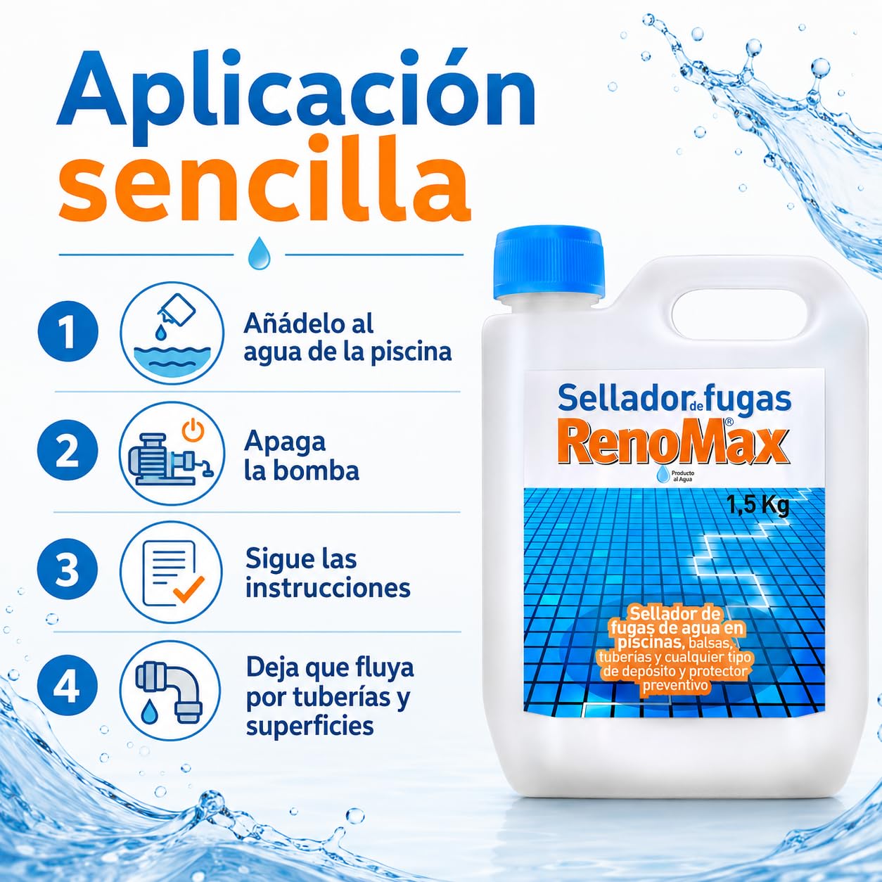 Renomax - Sellador Fugas Piscina, Balsas y Tuberías | Sellador Fugas Agua | Impermeabilizante Transparente, Reparación Rápida y Duradera | Fácil de Aplicar, Seguro y Eficaz | 1,5kg