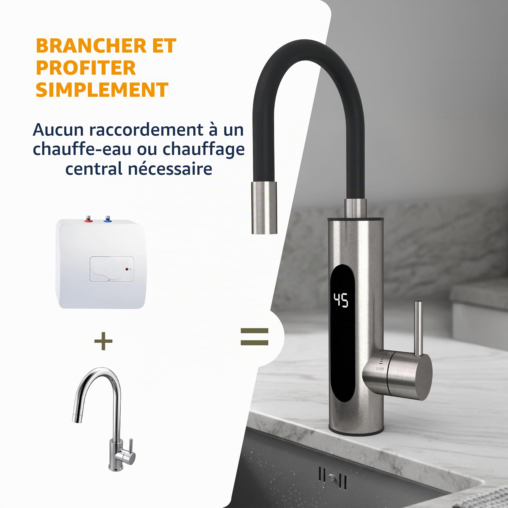 HOGART Robinet électrique avec chauffe-eau instantané 230 V pour cuisine, jardin, salle de bain, caravane, camping, 2 embouts, chauffage intelligent, robinet avec chauffe-eau instantané, robinet d'eau