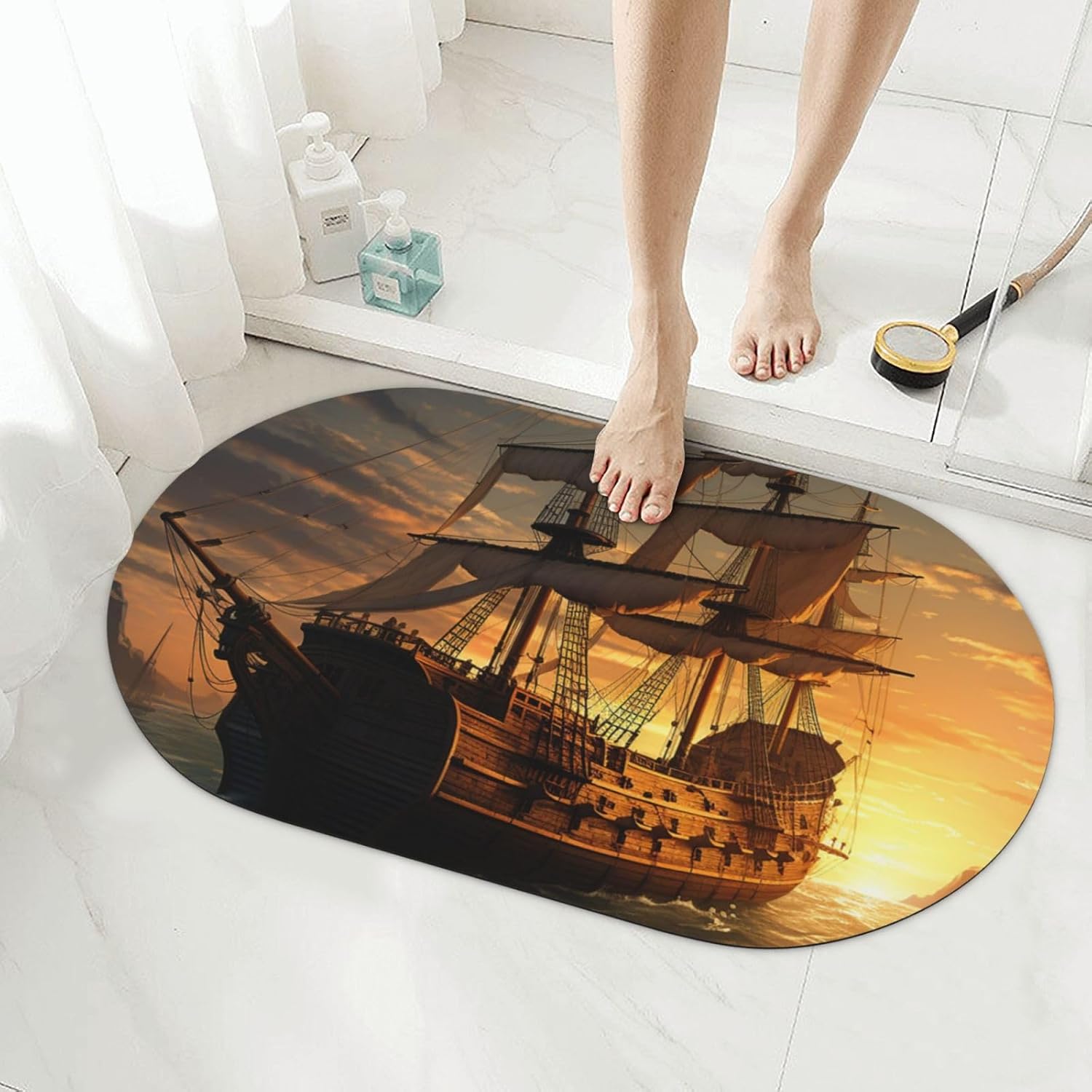 Stone Bath Mats Fantasy Pirate Ship Diatomaceous Earth Bath Mat Super Absorbent Bathroom Floor Mat Quick Drying Diatomite Shower Mat for Shower Bathtub Bathroom Accessory 19.7x31.5in