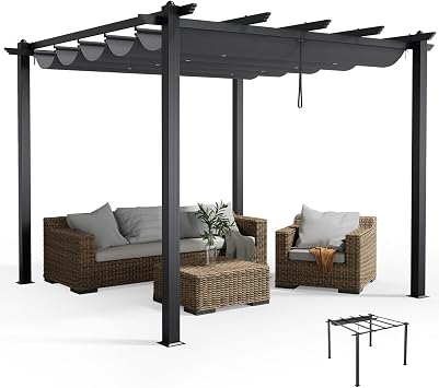 The Fellie 3M x 3M Aluminium Pergola with Retractable Roof, Outdoor Garden Gazebos Water-resistant, Large Metal Retractable Pergola Sun Shade Shelter for Garden, Patio, Poolside, Party, Dark Grey