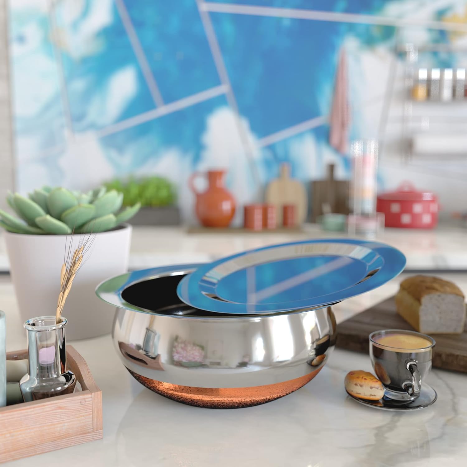 QSEC Premium Copper Bottom Stainless Steel Handi for Cooking Kitchen Set with Cover – 5-Piece Kitchen Cookware Combo | Traditional Indian Serving Bowl Cooking Bowl for Kitchen| Dishwasher Safe