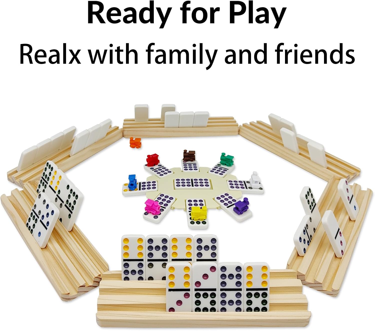 Double 9 Dominoes Set with 6 Wooden Trays/Racks, Double Nine Dominos Travel Set with 6 Domino Tiles Holders, 55 Tiles Dominoes Game Set with Portable Case for Families