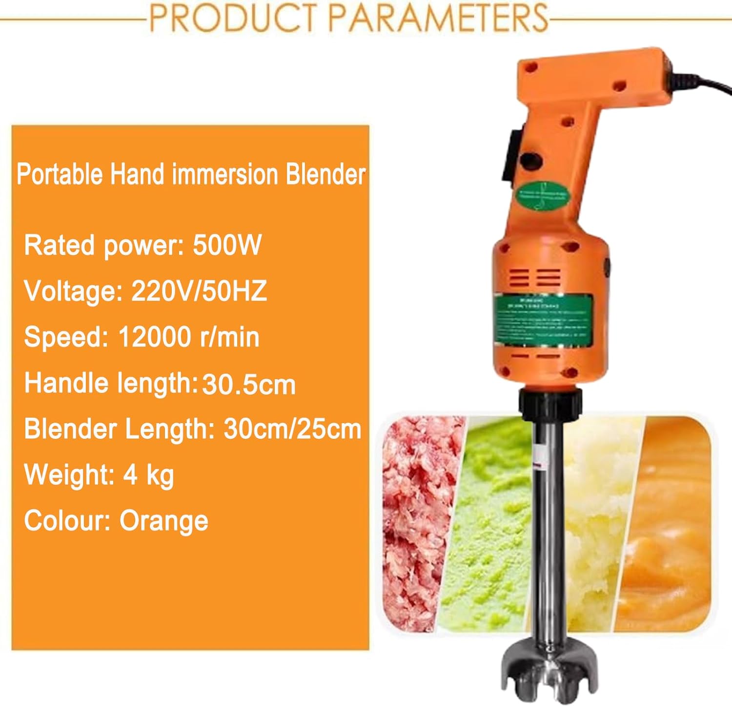 Hand Held Blender, Commercial Immersion Blender, 500W 12000RPM, Stainless-Steel, 250/300mm Removable Shaft (300mm)