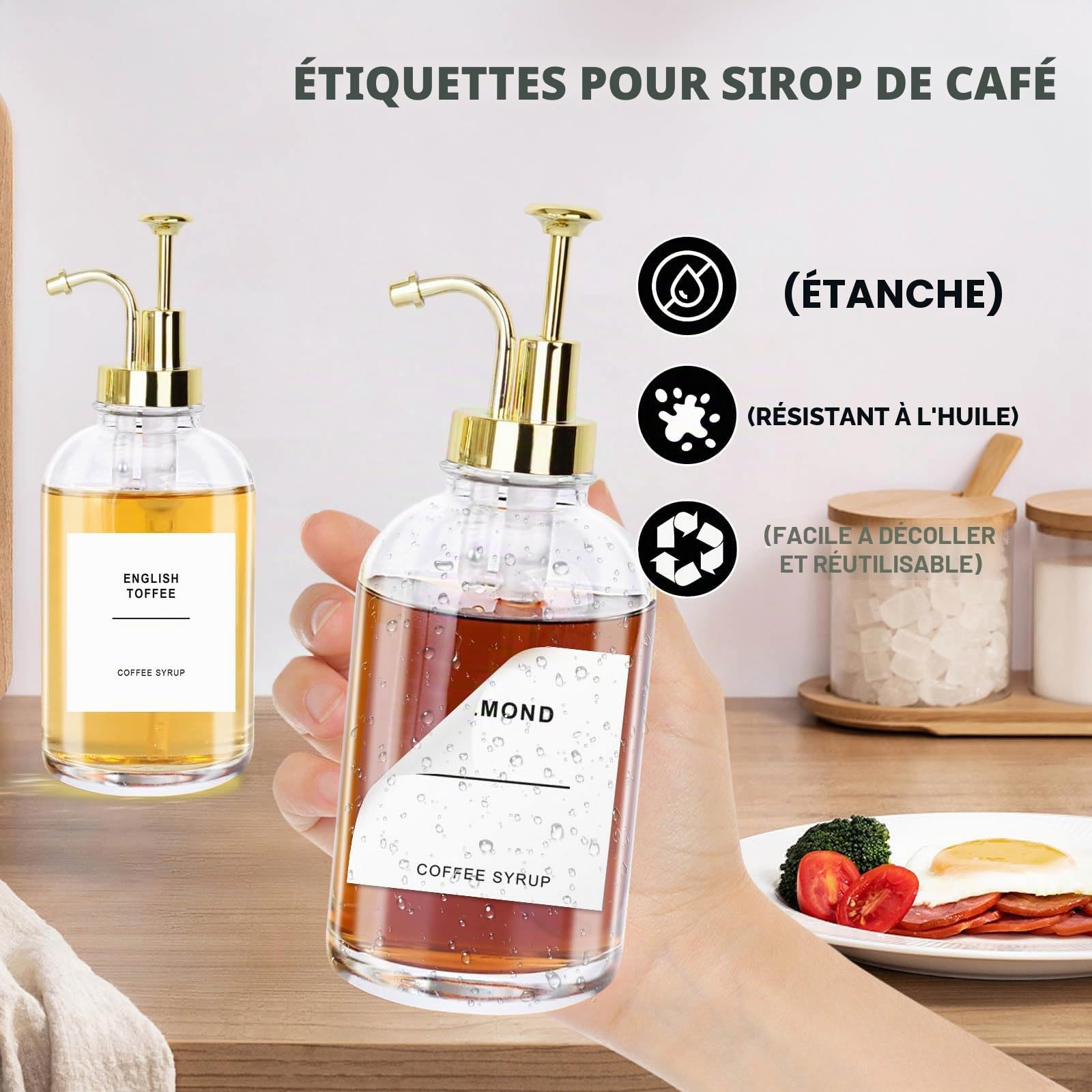 Lot de 2 distributeurs de sirop de café en verre de 500 ml, distributeur de miel avec 36 étiquettes étanches et entonnoir et pompe pour accessoires de cuisine, café, bar (doré)