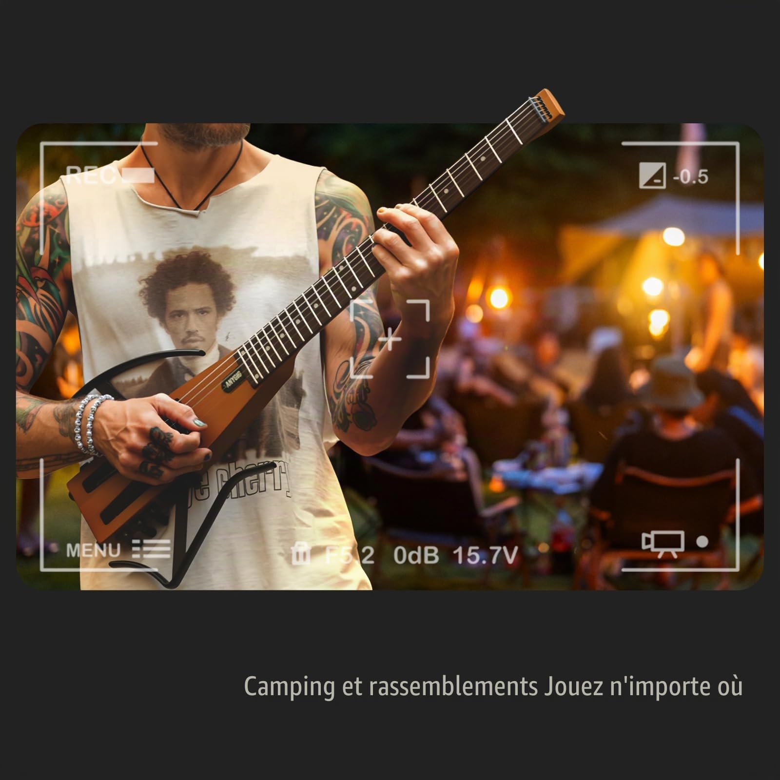 Guitare électrique de voyage, headless – portable, ultra-légère, diapason complet 25,5", palissandre, humbucker lumineux, housse de transport, supports amovibles, Noir