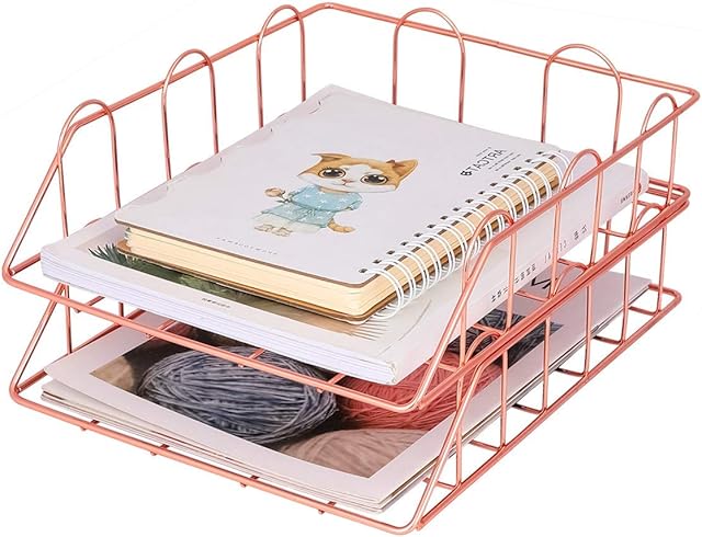 EasyPAG 2 Tier A4 Metal in Trays Stackable Office Desk Tidy File Holder Magazine Storage Paper Organiser,Rose Gold