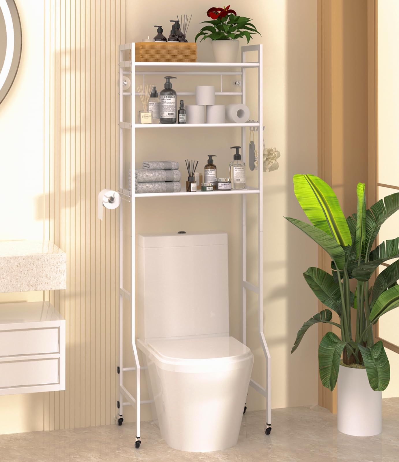 DTUQYX Over The Toilet Storage,3-Tier Over Toilet Organizer Rack with Paper Holder & 2 Hooks & Universal Wheel,Freestanding Over The Toilet Rack for