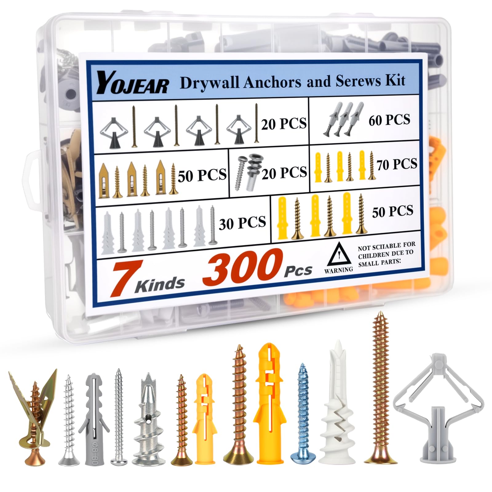Trockenbaudübel und Schrauben, Sortiment, 300 Stück, 7 Arten, 150 robuste Blechdübel und 150 selbstbohrende Philips-Schrauben, Hardware-Set, einfach für Trockenwand, Regal, Aufhängen und