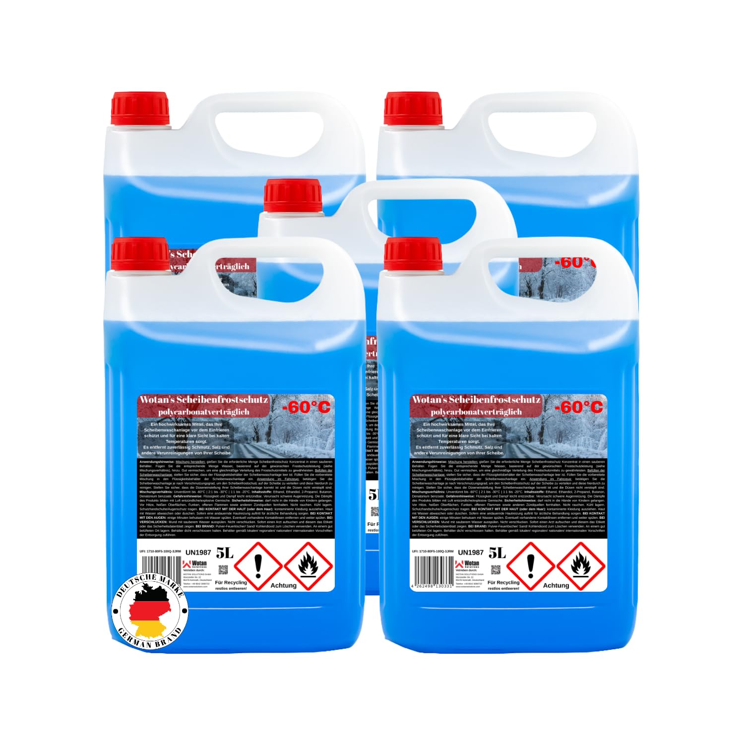 Wotan's 25 Liter Scheibenfrostschutz - 60 Grad | Frostschutz Konzentrat für die Auto Scheibenwaschanlage | Scheibenfrostschutz Konzentrat 25L (5 x 5L) | Frostschutzmittel Scheibenwaschanlage
