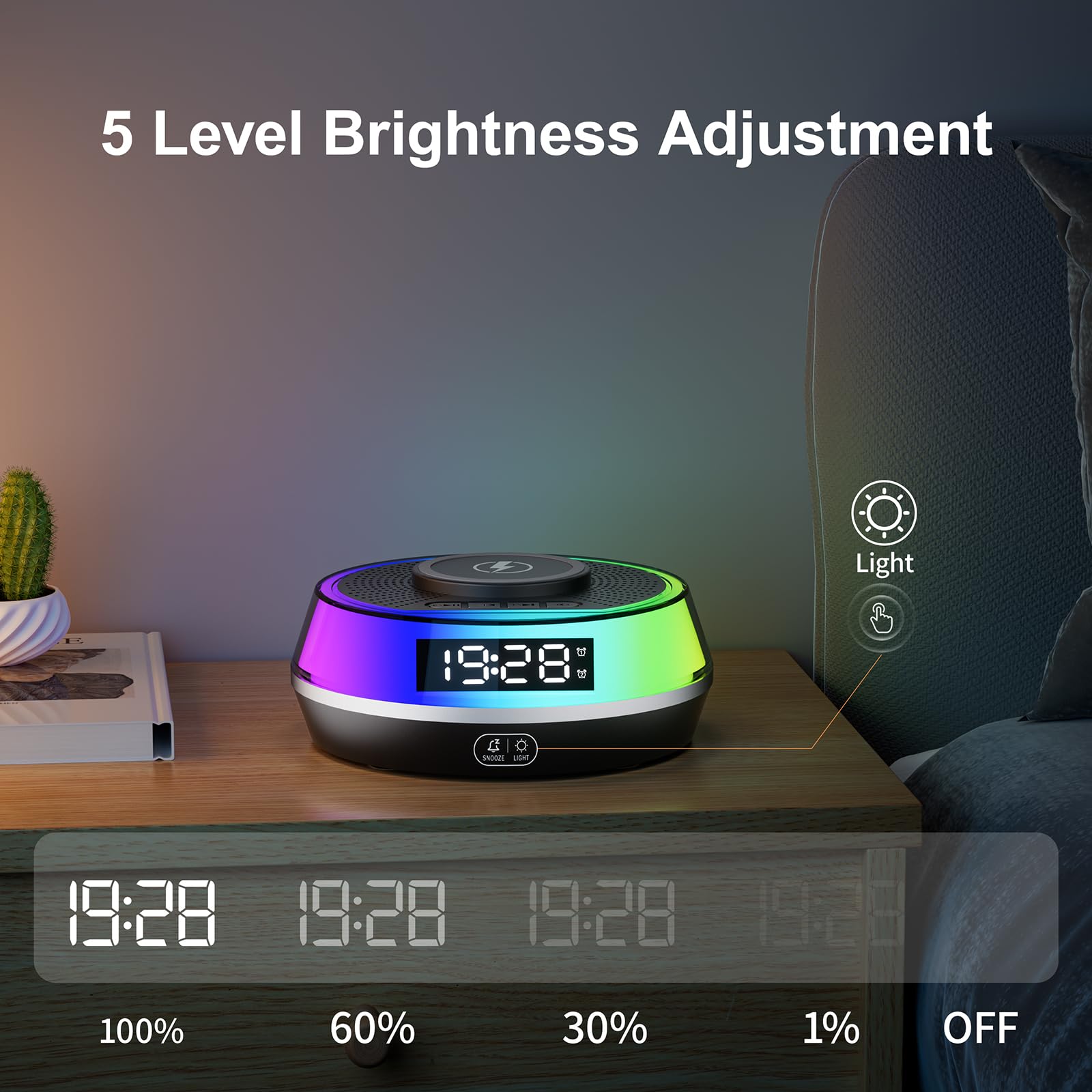Schlafzimmer-Wecker mit kabellosem Laden, Bluetooth & RGB