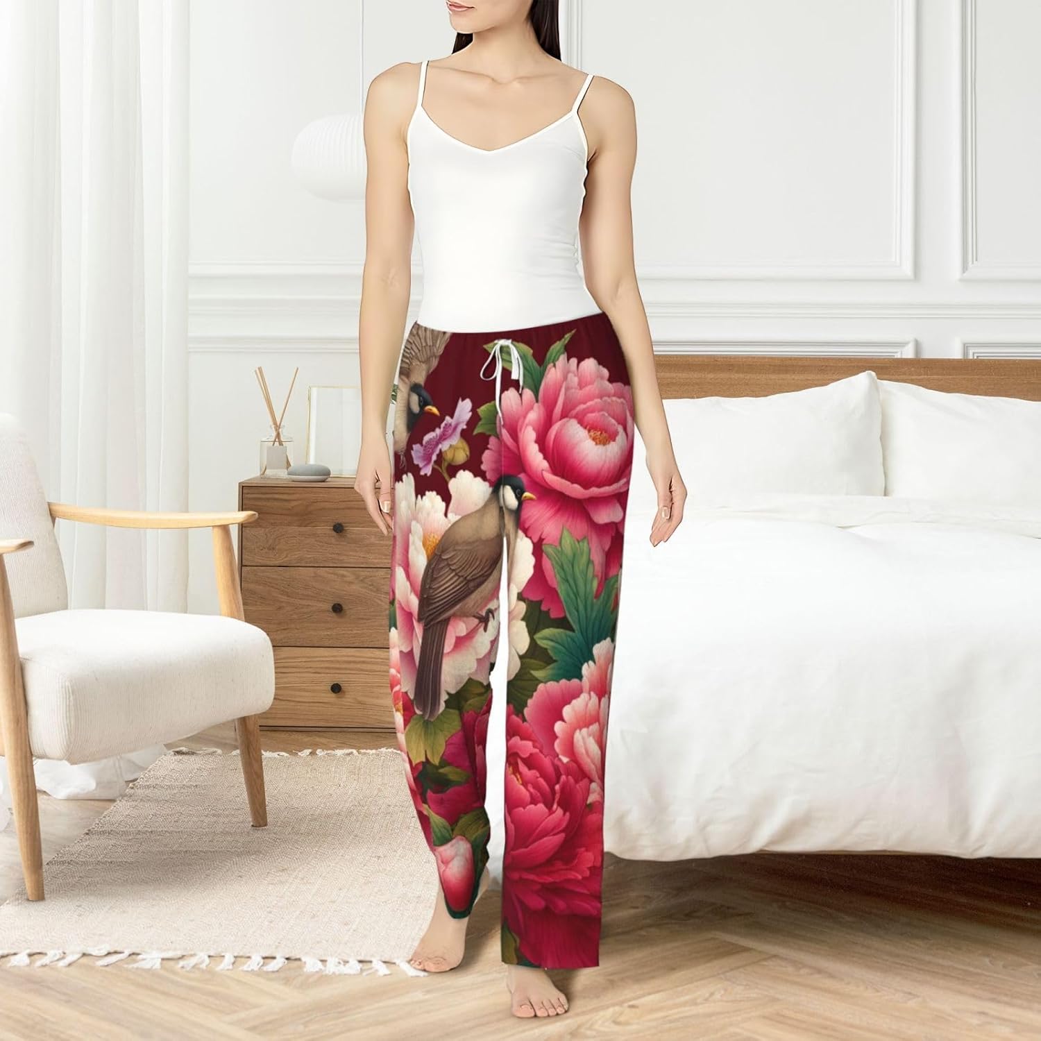 Women'S Chinese-Art-Bulbuls-Peonies Fleece Pajama Pants, Cozy Flannel Lounge Bottoms For Women