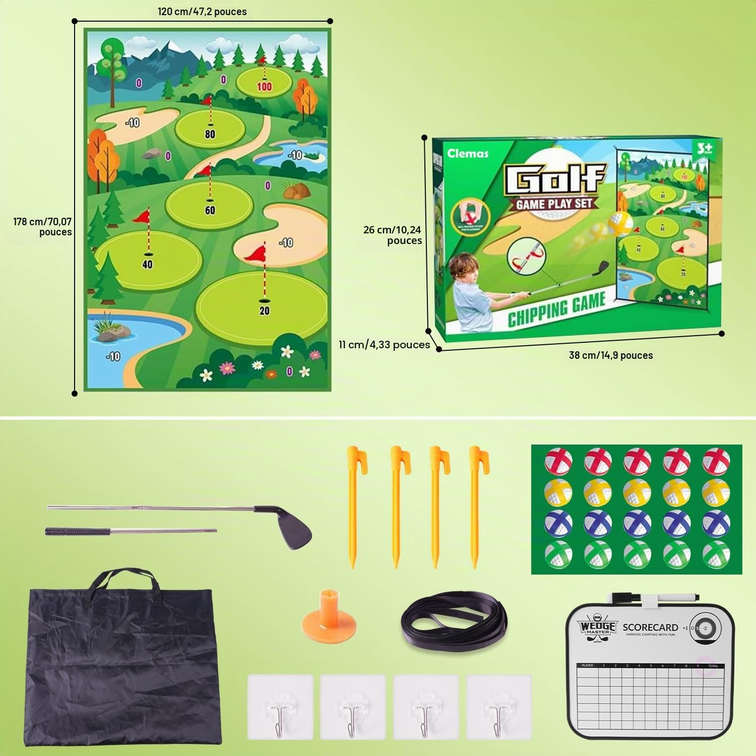Clemas Jeu de Golf avec Tapis de Frappe, 20 Balles Adhésives, Club, Tableau de Bord, Cibles pour Intérieur et Extérieur