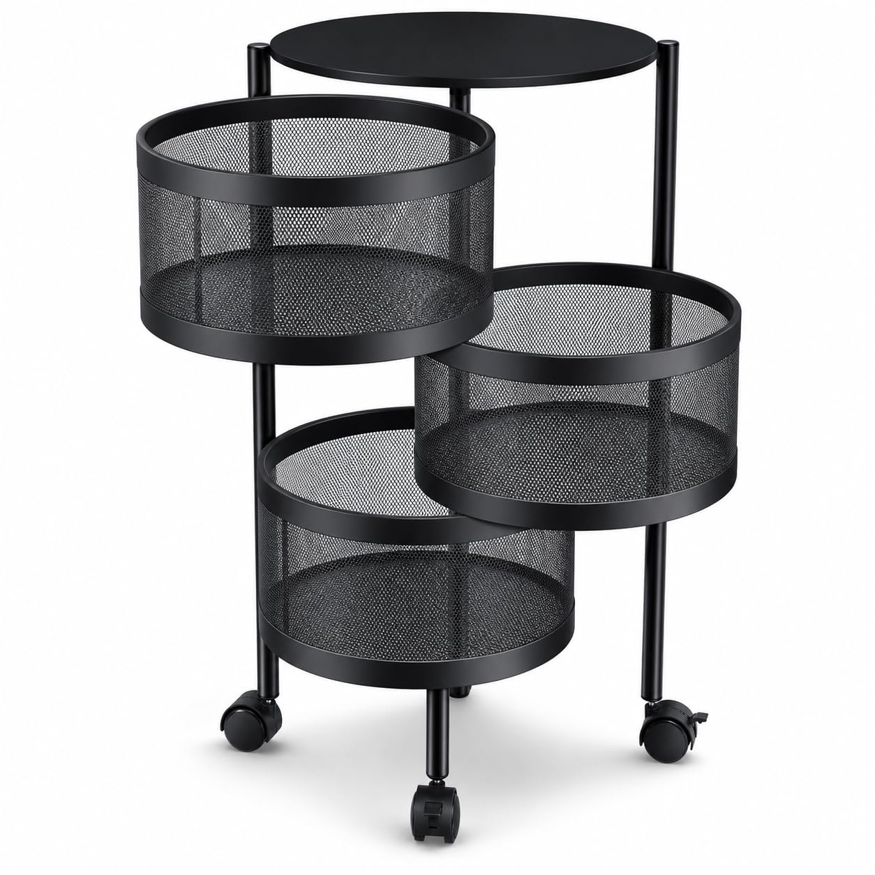 Rotating Storage Rack Trolley Cart with Wheels 4/5/6 Tier Kitchen Bathroom Organiser Freestanding Vegetable Shelf Movable Pantry Storage Unit for Home Office & Utility Room (Black, 4 Tier Round)